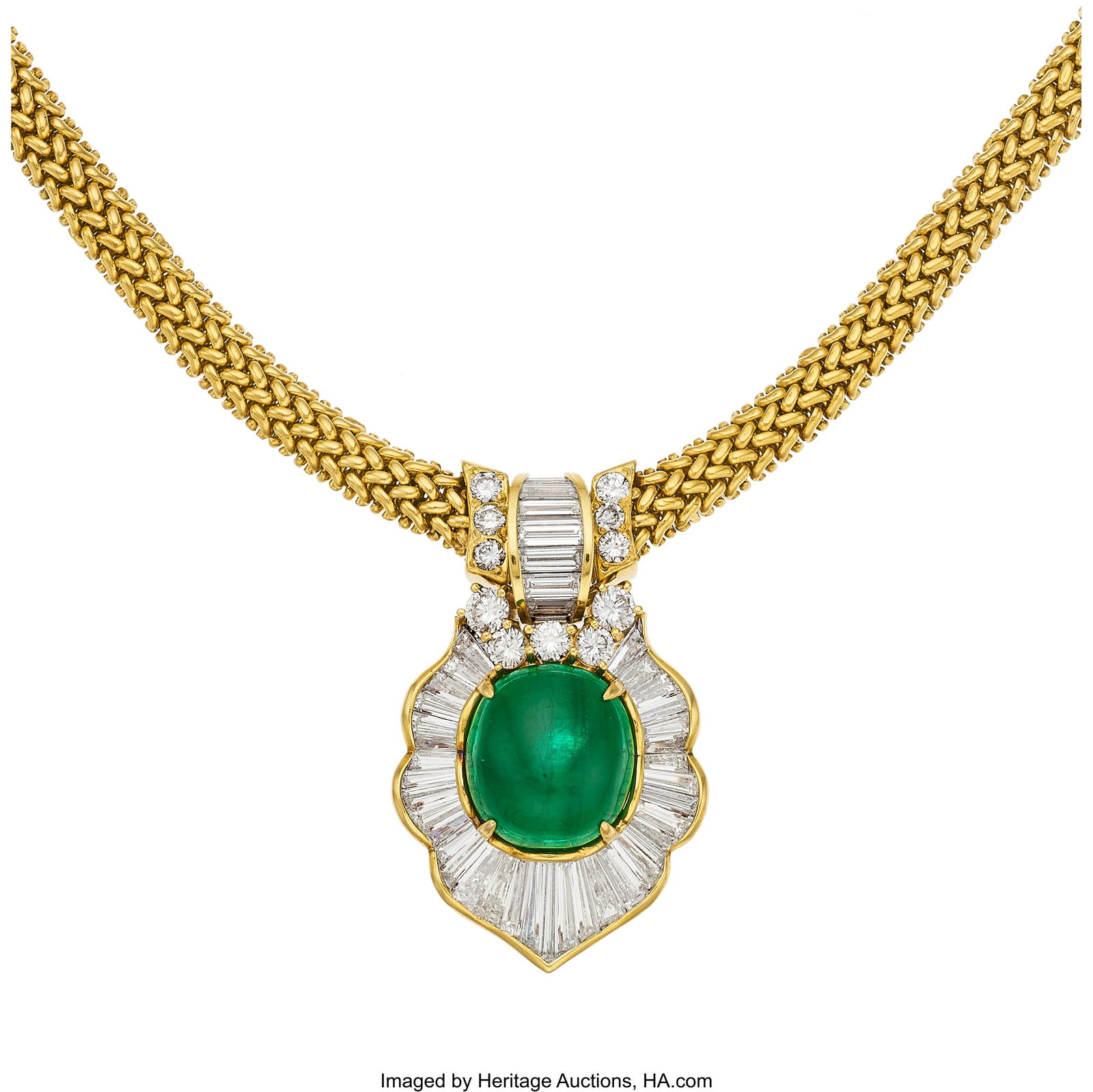 Emerald, Diamond, Gold Pendant-Necklace Stones: Emerald, Diamond, Gold Pendant-Necklace Stones: Emerald cabochon; baguette and full-cut diamonds weighing a total of approximately 5.65 carats Metal: 18k white and