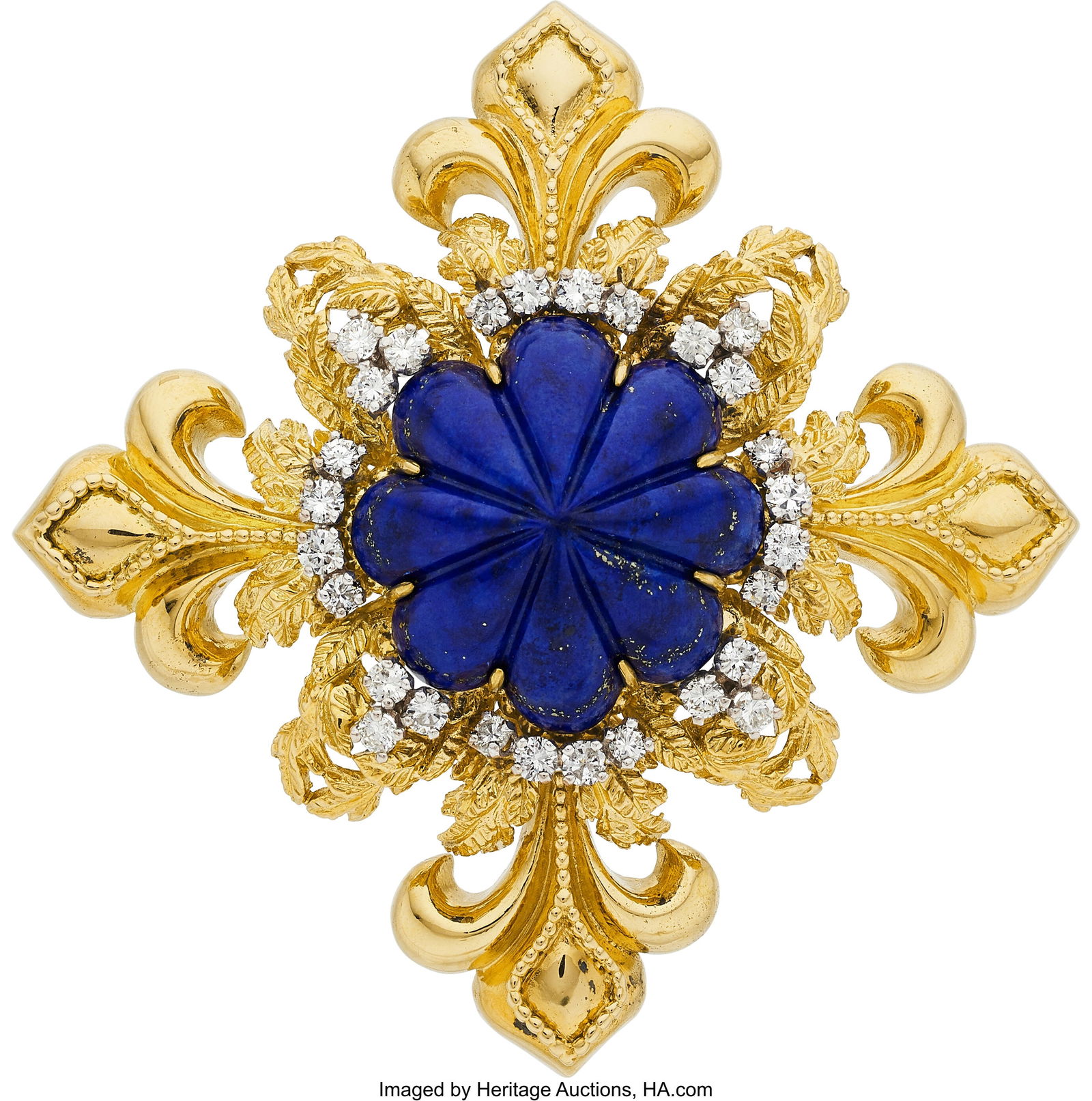 Lapis Lazuli, Diamond, Gold Brooch Stones: Carv: Lapis Lazuli, Diamond, Gold Brooch Stones: Carved lapis lazuli; full-cut diamonds weighing a total of approximately 2.50 carats Metal: 18k gold Gross Weight: