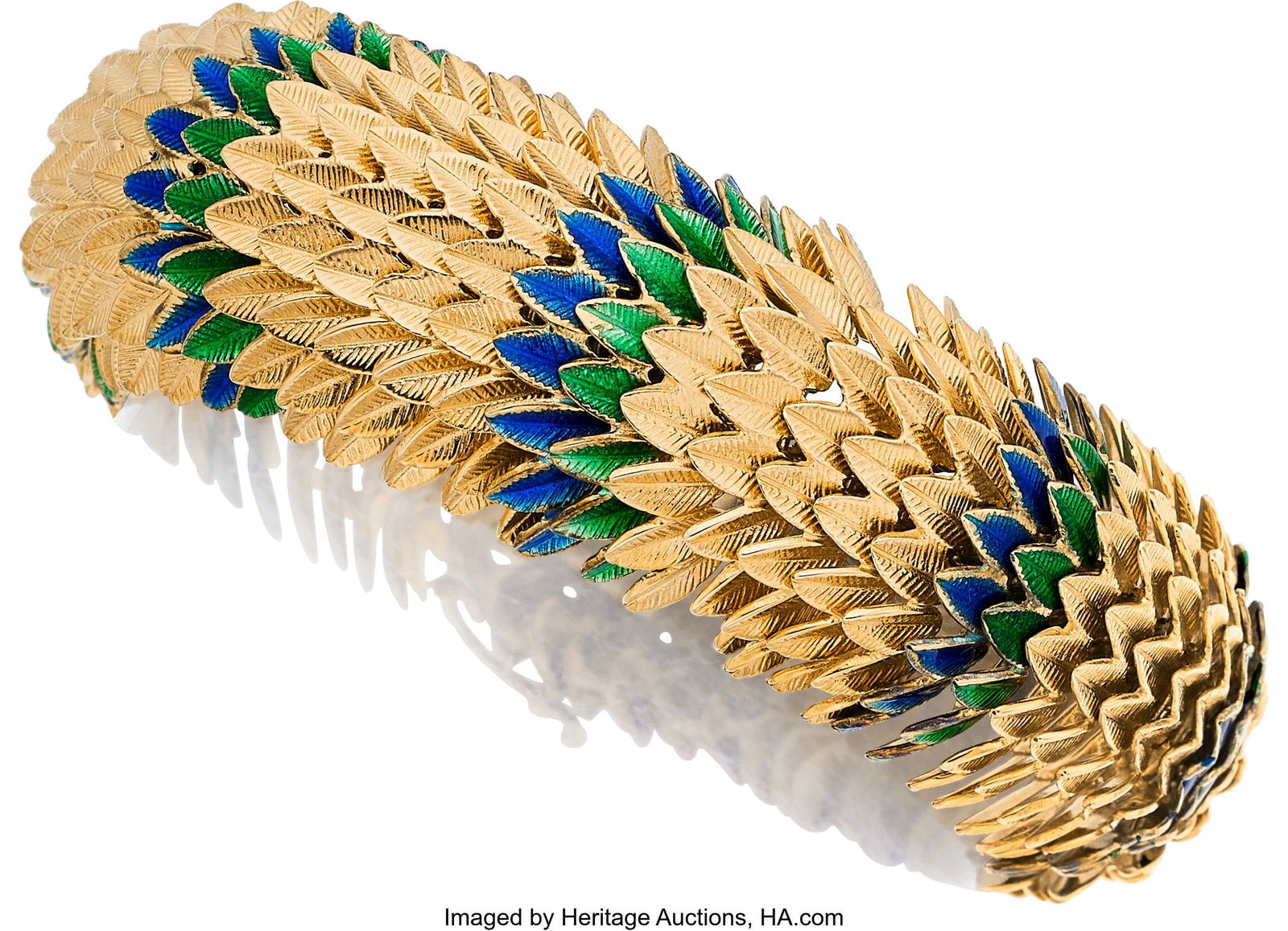 Enamel, Gold Bracelet Element: Enamel Metal: 14: Enamel, Gold Bracelet Element: Enamel Metal: 14k gold Gross Weight: 108.70 grams Dimensions: 6-1/2 inches x 7/8 inch Property Sold To Benefit Scottish Rite