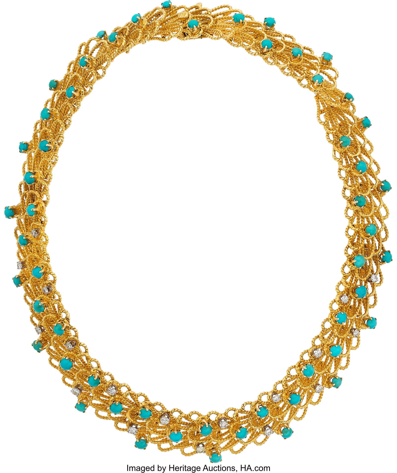 Diamond, Turquoise, Gold Necklace Stones: Full-: Diamond, Turquoise, Gold Necklace Stones: Full-cut diamonds weighing a total of approximately 1.30 carats; turquoise cabochons Metal: 18k gold Gross Weight: 1