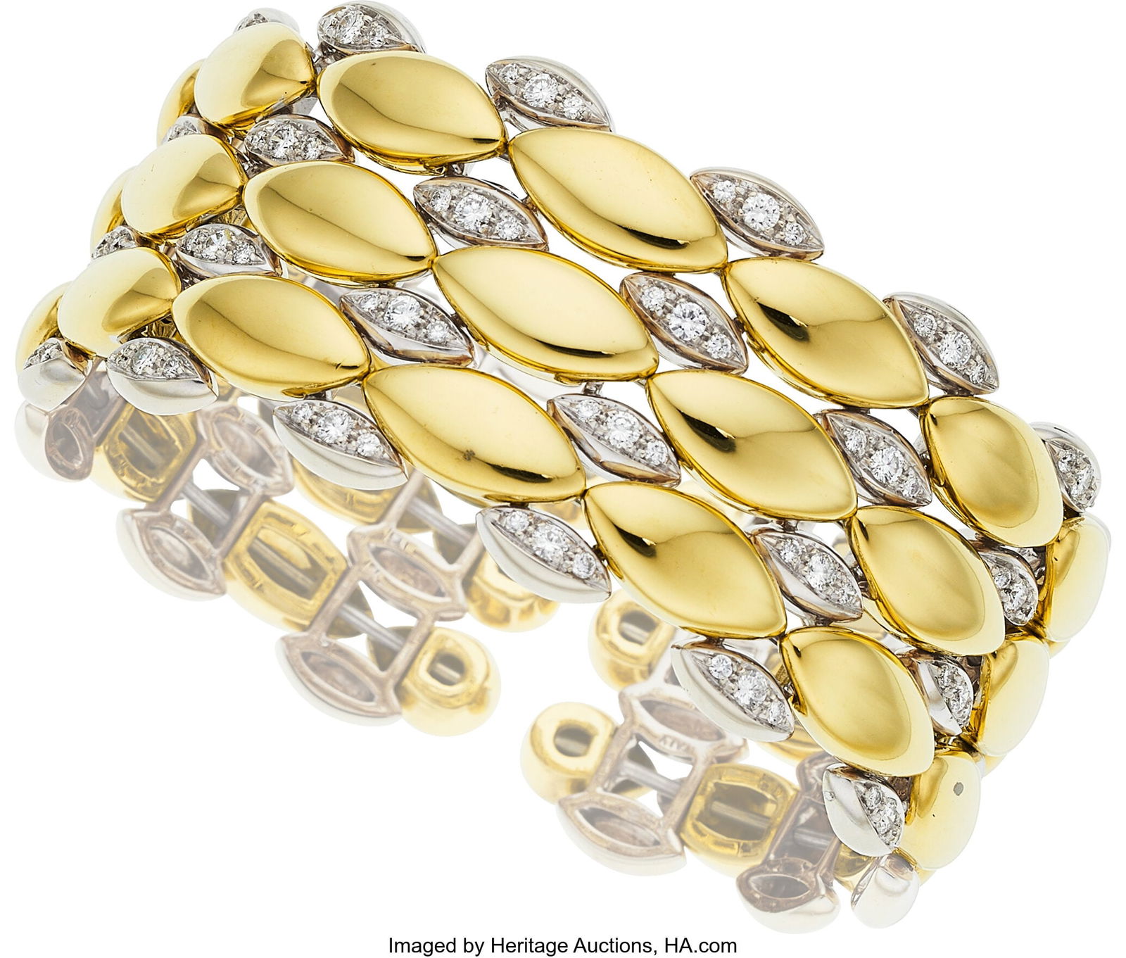 Roberto Artioli Diamond, Gold Bracelet Stones: Roberto Artioli Diamond, Gold Bracelet Stones: Full-cut diamonds weighing a total of approximately 2.75 carats Metal: 18k white and yellow gold Marked: Roberto Artioli G