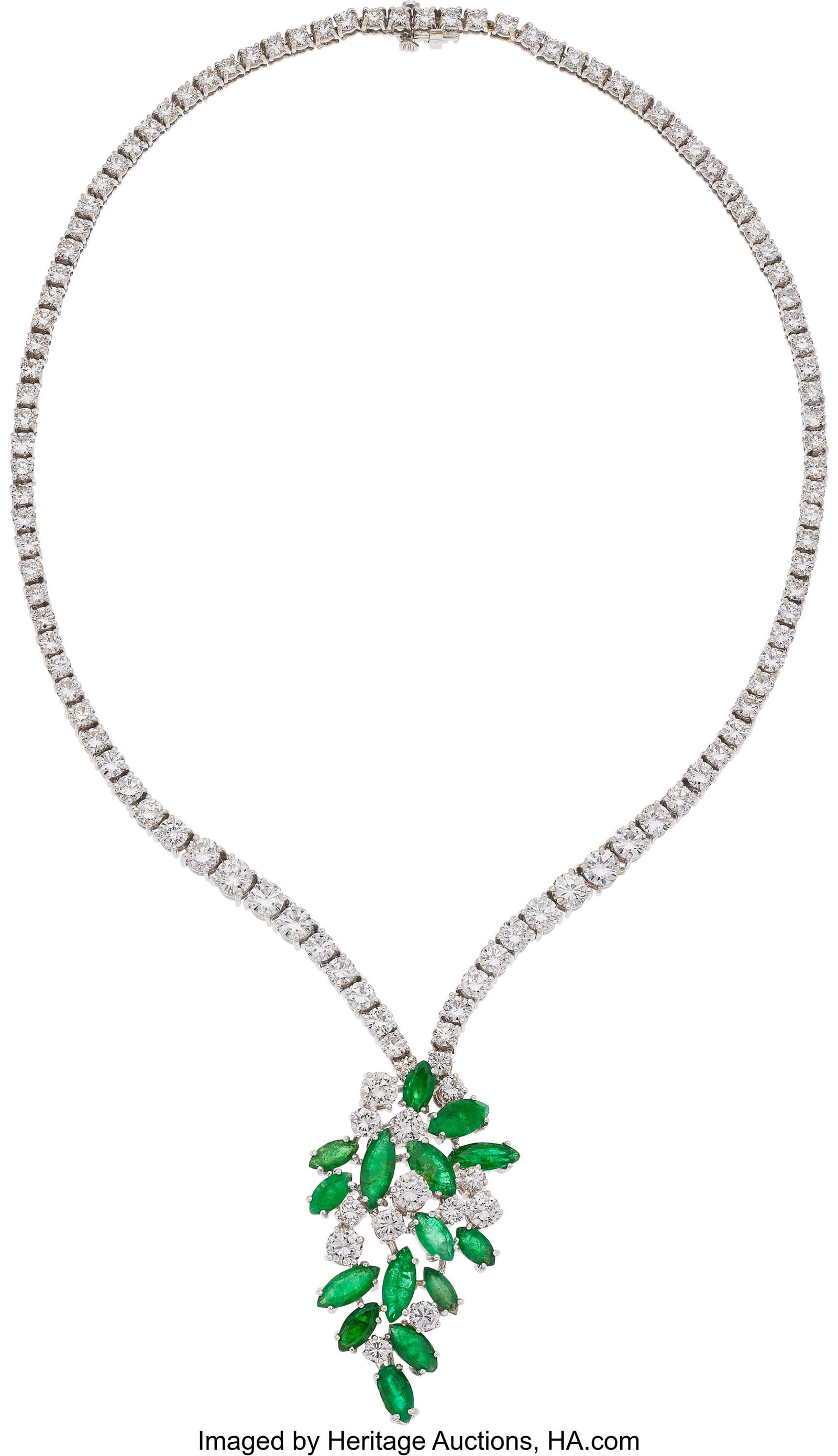 Emerald, Diamond, White Gold Necklace Stones: M: Emerald, Diamond, White Gold Necklace Stones: Marquise-shaped emeralds weighing a total of approximately 4.25 carats; full-cut diamonds weighing a total of approximately