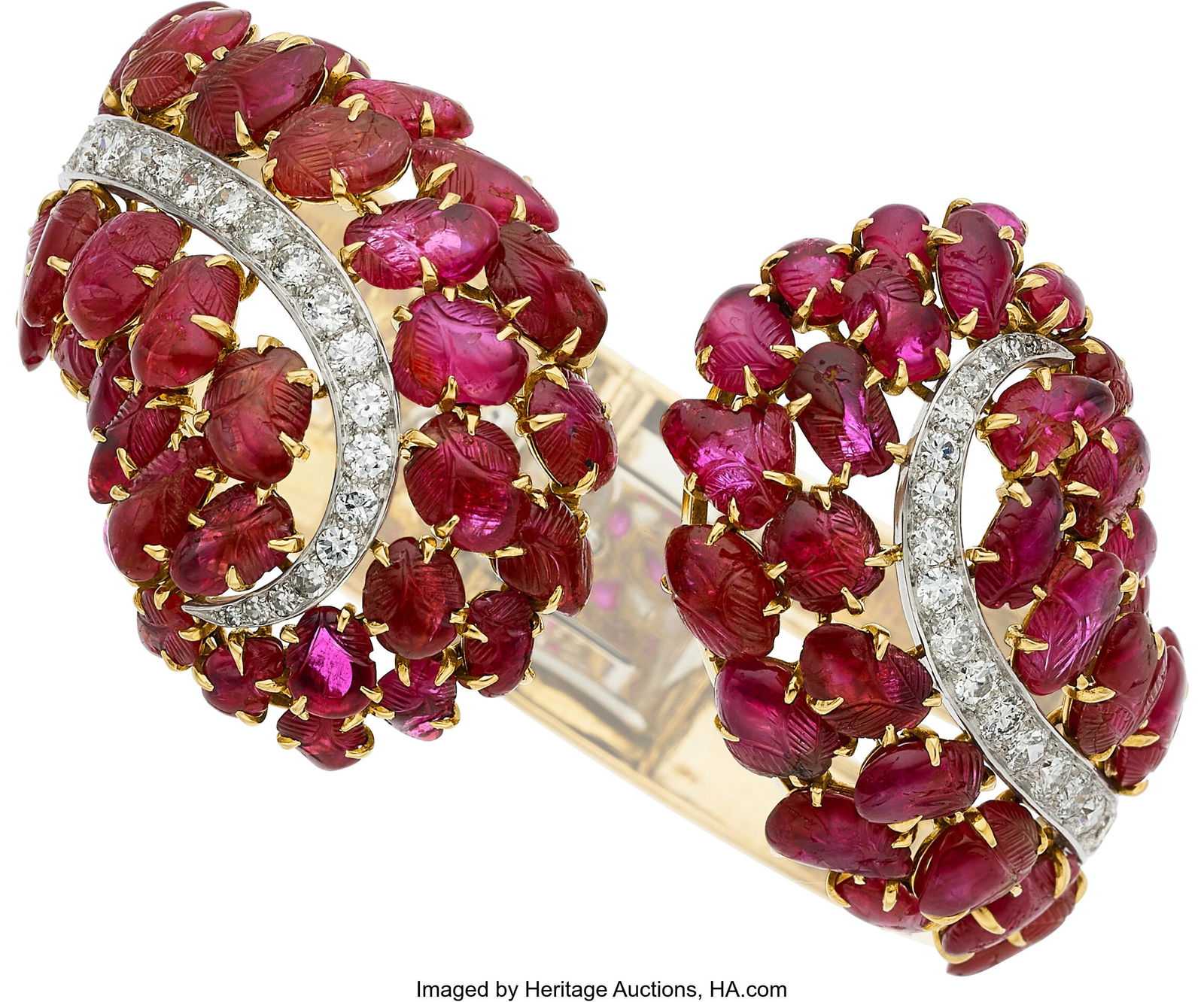 Boucheron Burma Ruby, Ruby, Diamond, Platinum,: Boucheron Burma Ruby, Ruby, Diamond, Platinum, Gold Bracelet, French Stones: Carved ruby; transitional and single-cut diamonds weighing a total of approximatel