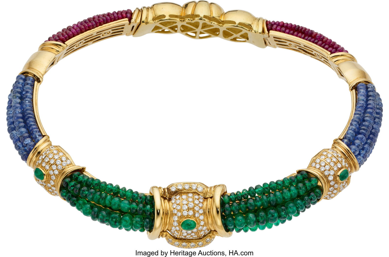 Multi-Stone, Diamond, Gold Necklace Stones: Rub: Multi-Stone, Diamond, Gold Necklace Stones: Ruby, sapphire, and emerald beads; emerald cabochons; full-cut diamonds weighing a total of approximately 5.2
