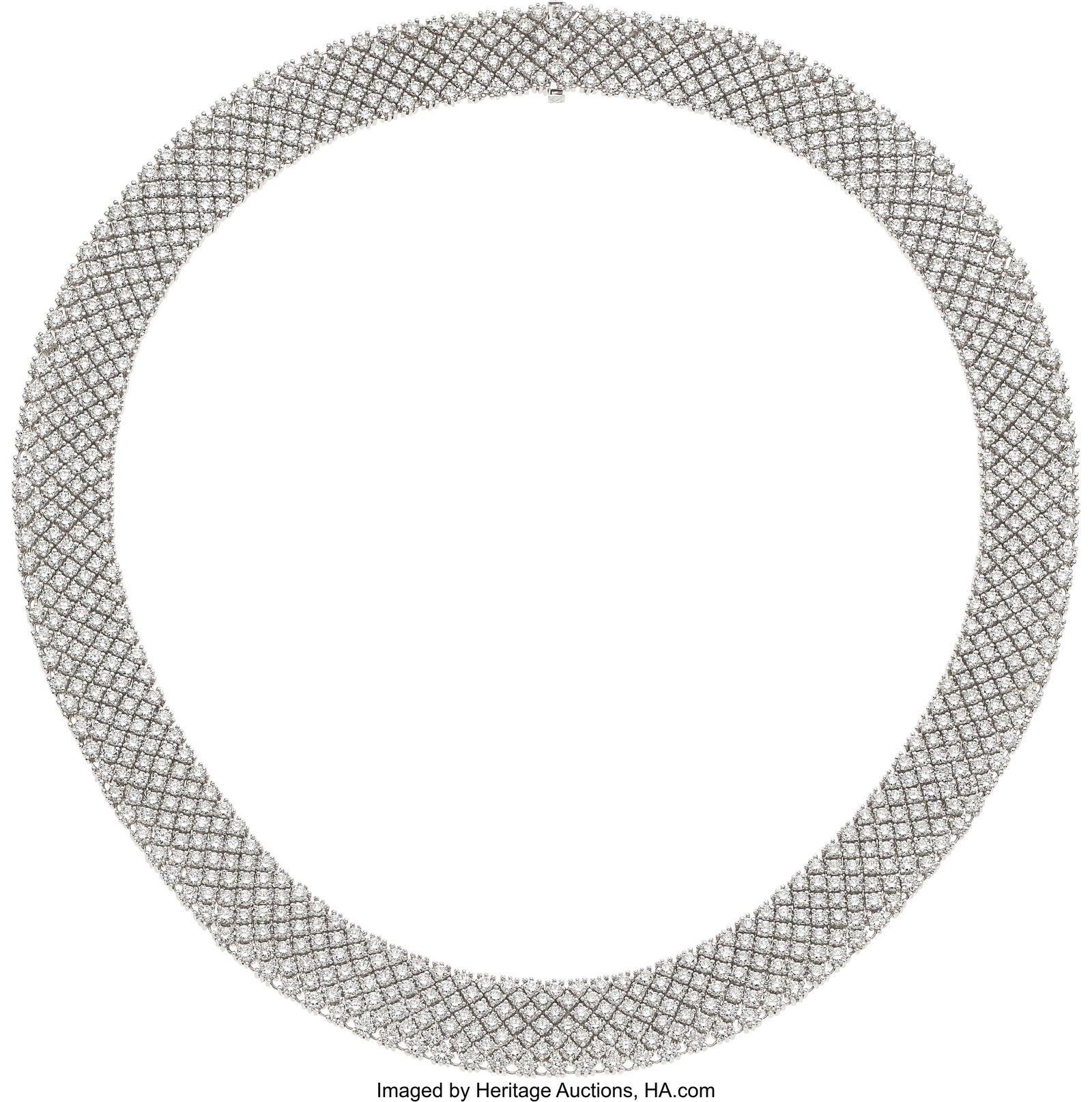 Diamond, White Gold Necklace Stones: Full-cut d: Diamond, White Gold Necklace Stones: Full-cut diamonds weighing a total of approximately 34.15 carats Metal: 18k white gold Gross Weight: 107.10 grams Dimensions&