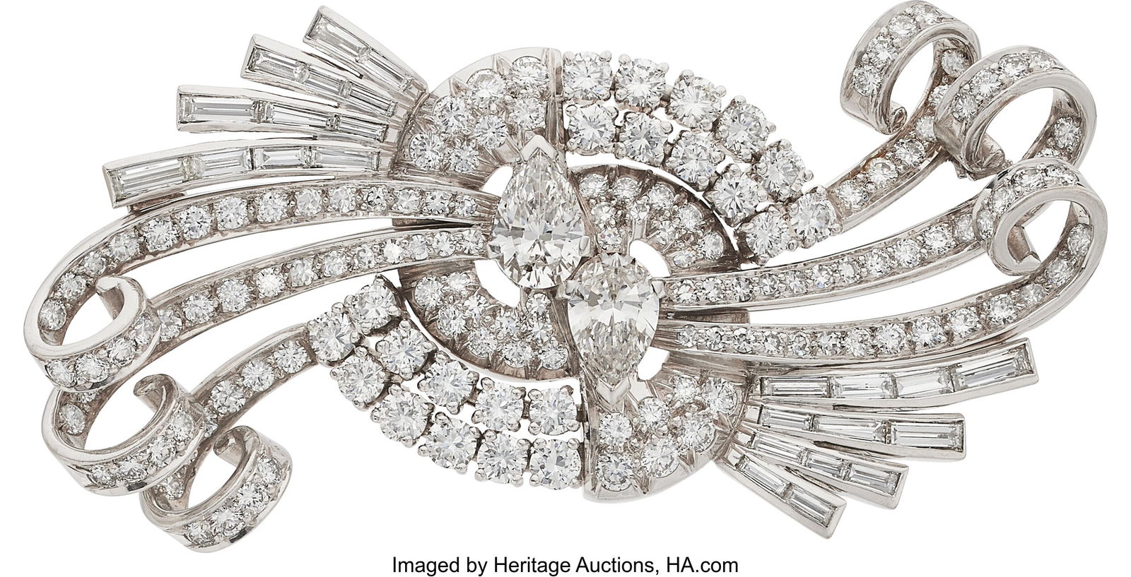 Diamond, Platinum, Palladium, White Gold Brooch: Diamond, Platinum, Palladium, White Gold Brooch Stones: Pear-shaped diamonds weighing a total of approximately 1.25 carats; baguette-shaped diamonds weighing a