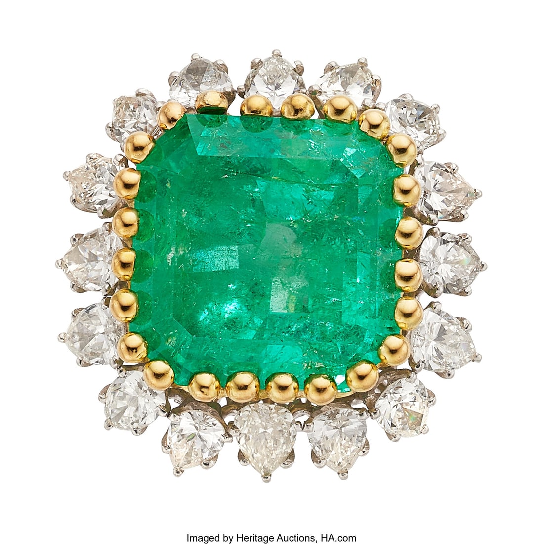 Colombian Emerald, Diamond, Platinum, Gold Ring: Colombian Emerald, Diamond, Platinum, Gold Ring Stones: Square emerald-cut emerald weighing approximately 25.00 carats; pear-shaped diamonds weighing a total of app