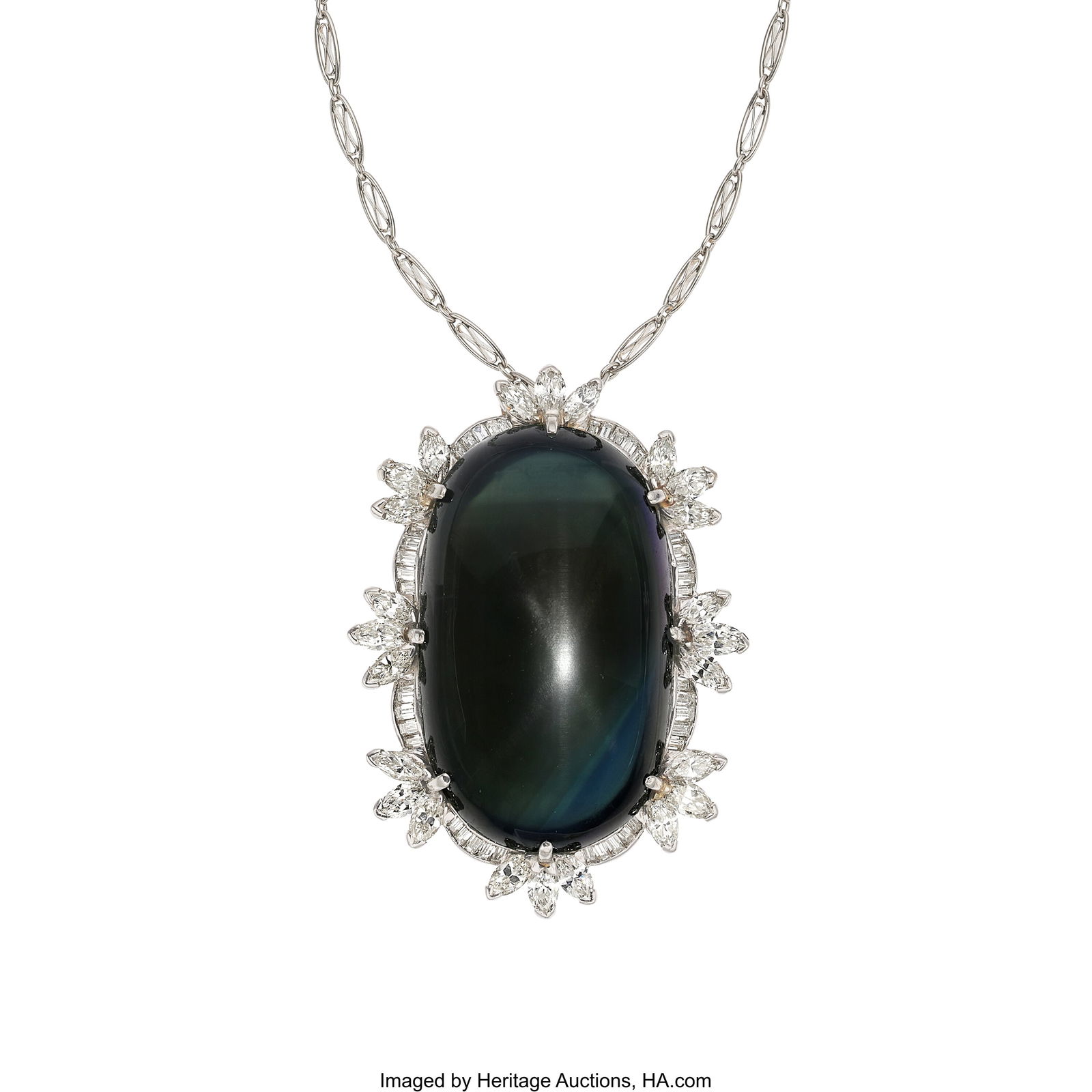 Star Sapphire, Diamond, Platinum Pendant-Necklac: Star Sapphire, Diamond, Platinum Pendant-Necklace Stones: Star sapphire cabochon; marquise-shaped diamonds weighing a total of approximately 2.15 carats;