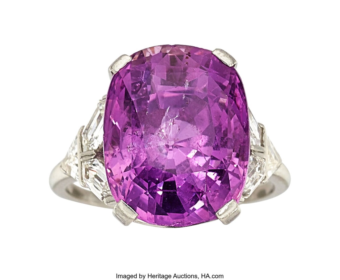 Art Deco Ceylon Pink Sapphire, Diamond, Platinu: Art Deco Ceylon Pink Sapphire, Diamond, Platinum Ring Stones: Oval-shaped sapphire weighing approximately 15.00 carats; bullet-shaped diamonds weighing total of