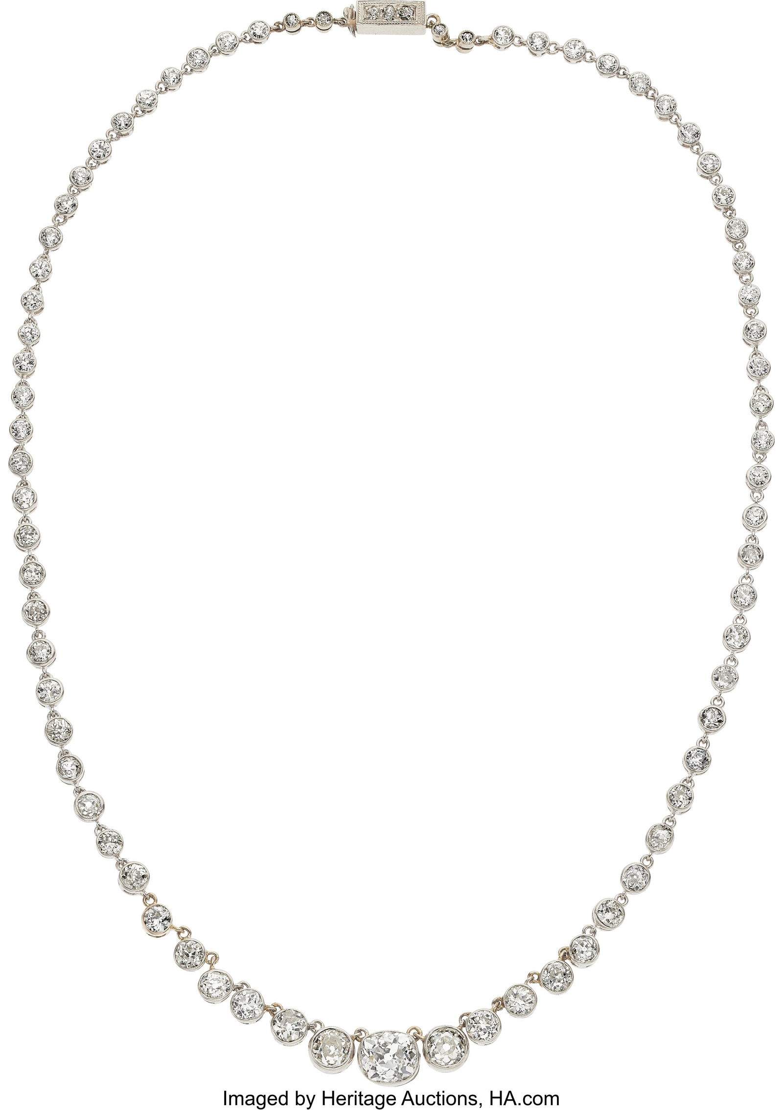 Diamond, Platinum Necklace Stones: Mine-cut dia: Diamond, Platinum Necklace Stones: Mine-cut diamonds weighing a total of approximately 9.00 carats Metal: Platinum Gross Weight: 17.10 grams Dimensions: 15