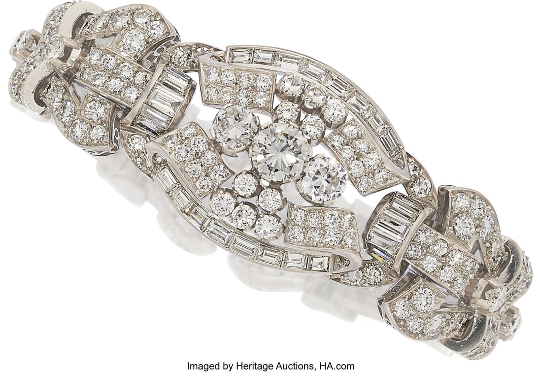 Diamond, Platinum Bracelet Stones: Round brilli: Diamond, Platinum Bracelet Stones: Round brilliant-cut diamonds weighing a total of approximately 1.90 carats; full-cut diamonds weighing a total of approximately 9.00 c