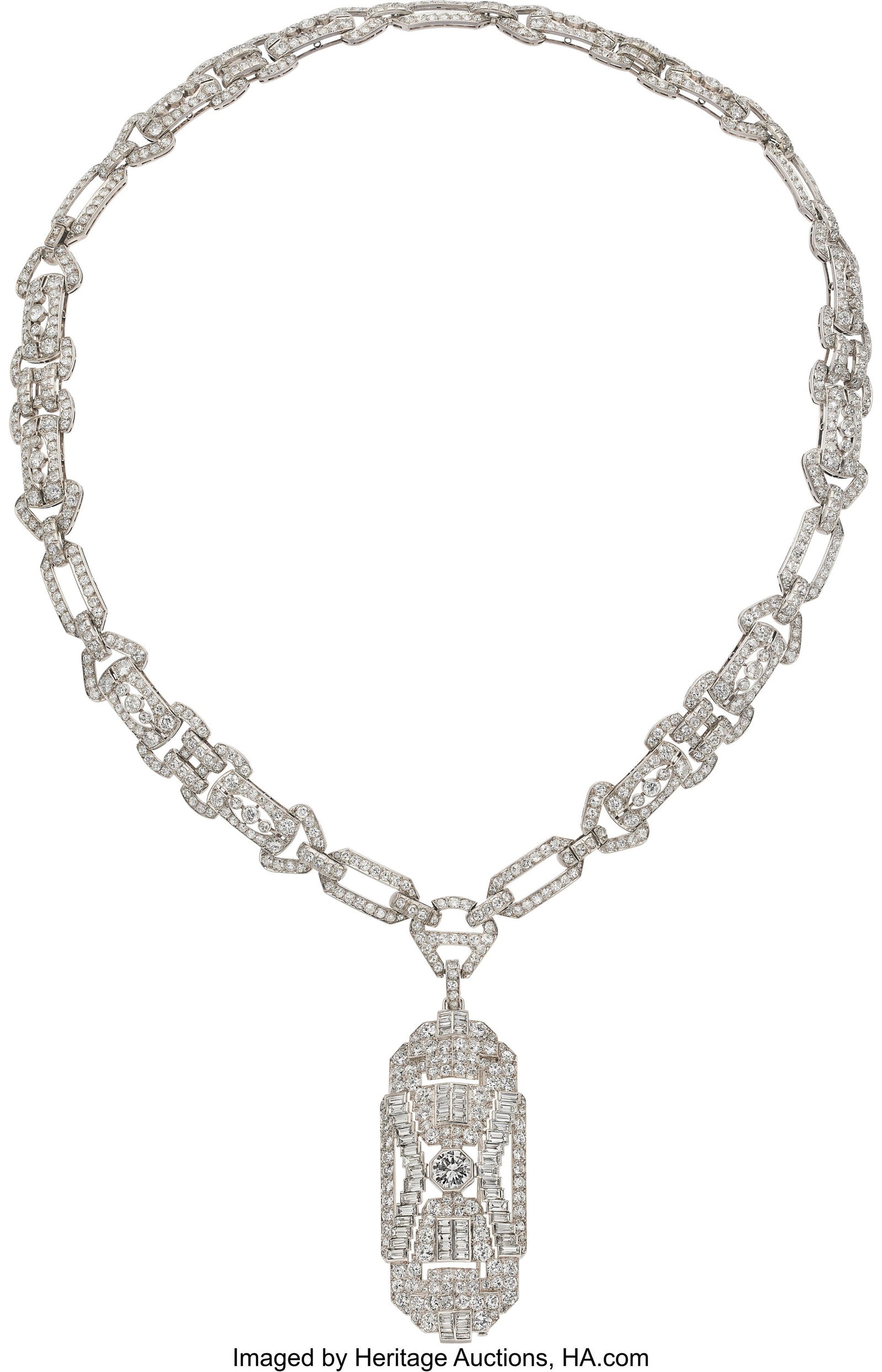 Art Deco Diamond, Platinum Convertible Necklace: Art Deco Diamond, Platinum Convertible Necklace Stones: Round brilliant-cut diamond weighing approximately 1.75 carats; transitional and European-cut diamonds weighing a total