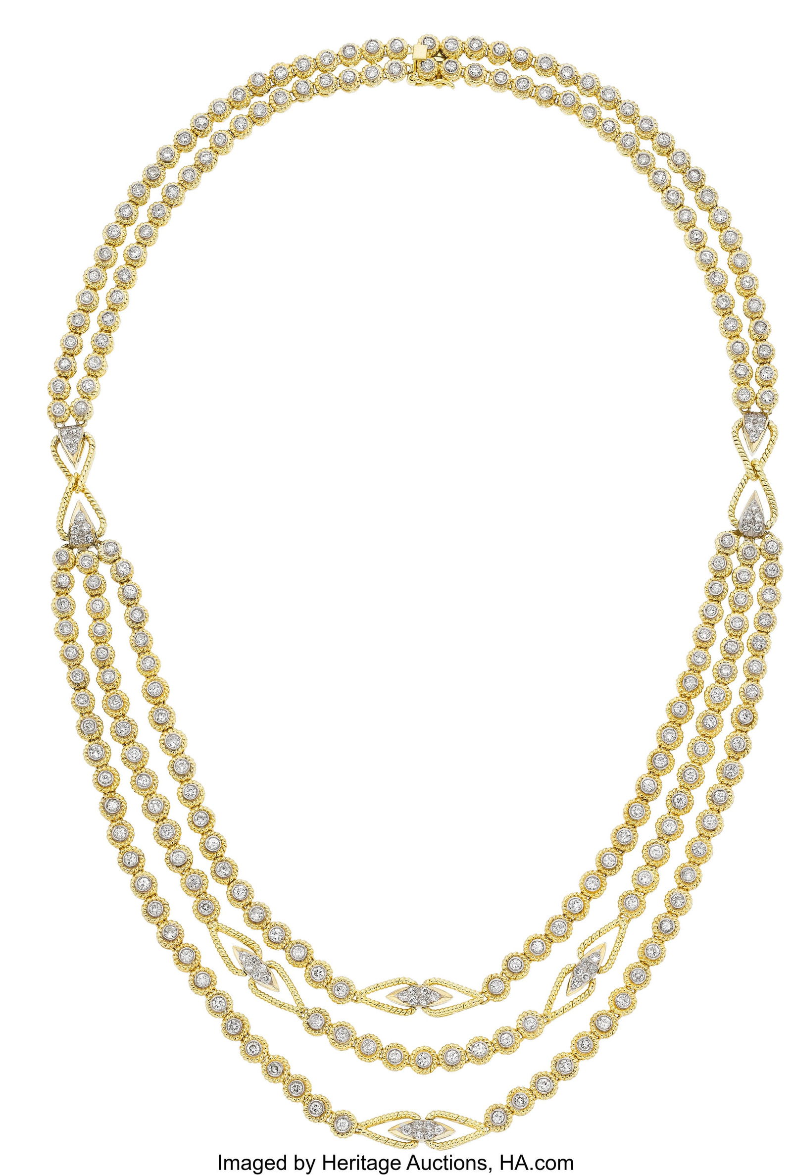 Diamond, Gold, Silver Necklace Stones: Full-cut: Diamond, Gold, Silver Necklace Stones: Full-cut diamonds weighing a total of approximately 4.50 carats Metal: 18k gold and silver Gross Weight: 66.20 grams