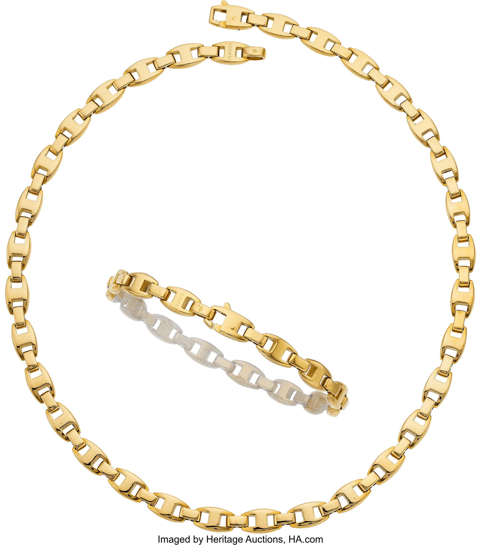Hermès Gold Jewelry Suite, French Metal: 18k g: Hermès Gold Jewelry Suite, French Metal: 18k gold Marked: Hermès; French hallmarks Collection: Cassiopée Weight: 78.30 grams Bracelet Dim