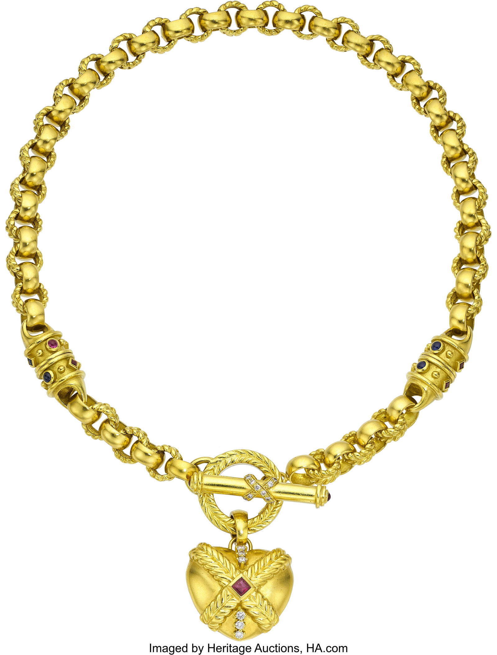 Nancy & David Ruby, Sapphire, Diamond, Gold Pen: Nancy & David Ruby, Sapphire, Diamond, Gold Pendant-Necklace Stones: Square-shaped rubies weighing a total of approximately 0.75 carat; sapphire cabochons;