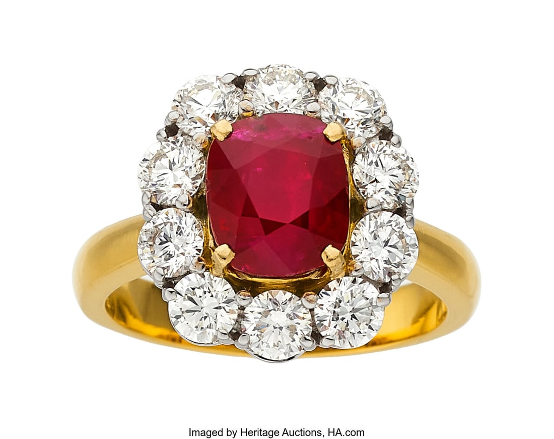 Burma Ruby, Diamond, Gold Ring Stones: Cushion-: Burma Ruby, Diamond, Gold Ring Stones: Cushion-shaped ruby weighing 3.04 carats; full-cut diamonds weighing a total of approximately 1.50 carats Metal: 18k g