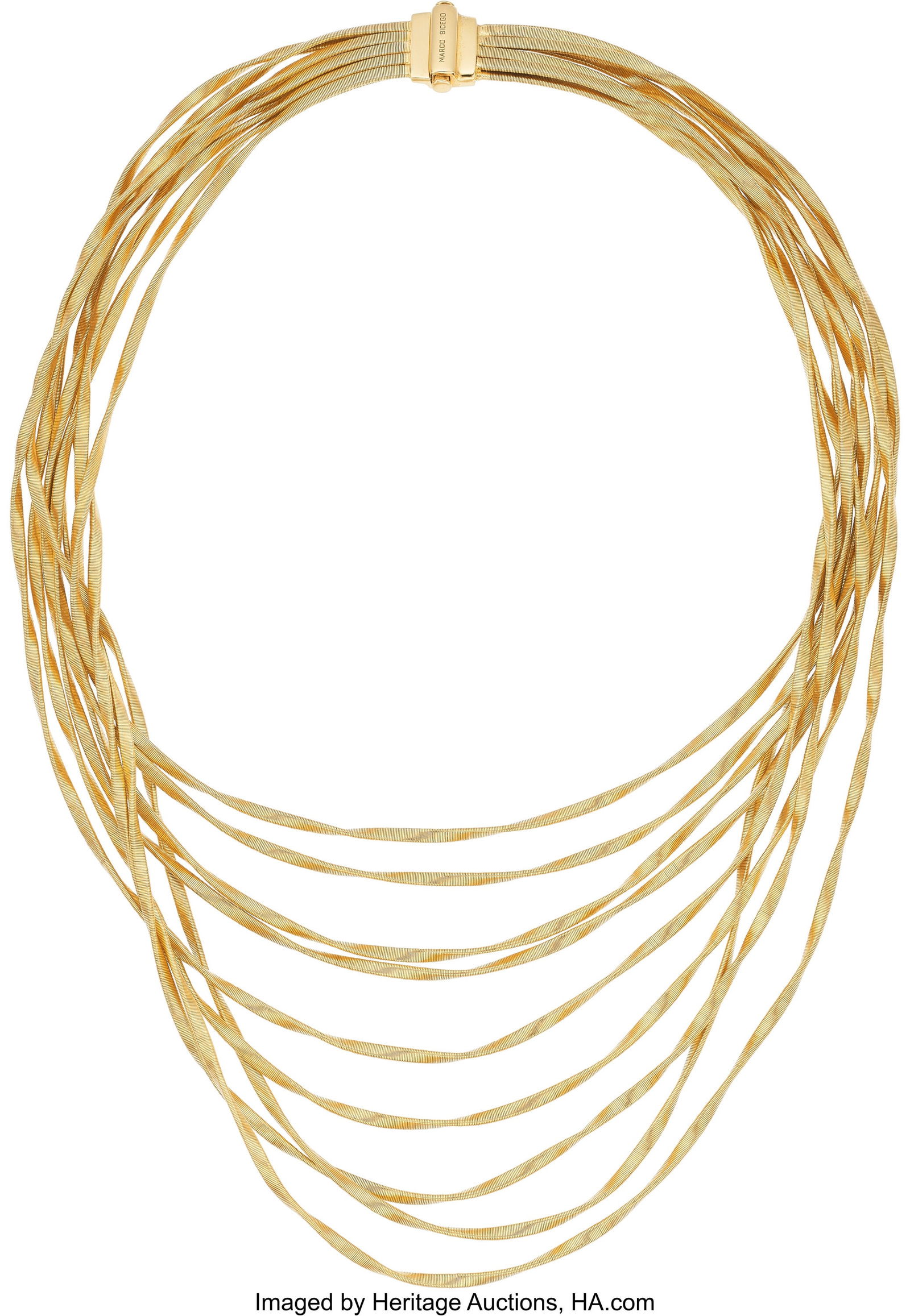 Marco Bicego Gold Necklace Metal: 18k gold Mark: Marco Bicego Gold Necklace Metal: 18k gold Marked: Marco Bicego Weight: 115.30 grams Dimensions: 16 inches x 1-1/4 inches HID03101062020 © 2026 Heritage Auction
