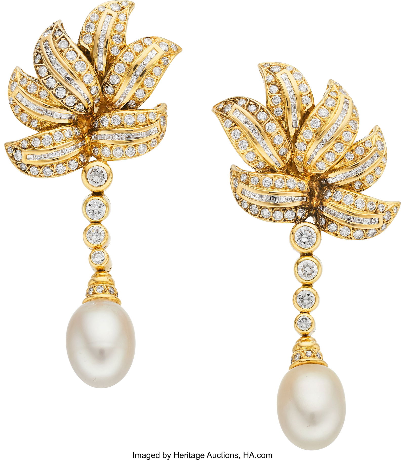 South Sea Cultured Pearl, Diamond, Gold Earring: South Sea Cultured Pearl, Diamond, Gold Earrings Stones: Baguette and full-cut diamonds weighing a total of approximately 6.35 carats Pearls: South Sea cultured pearls m