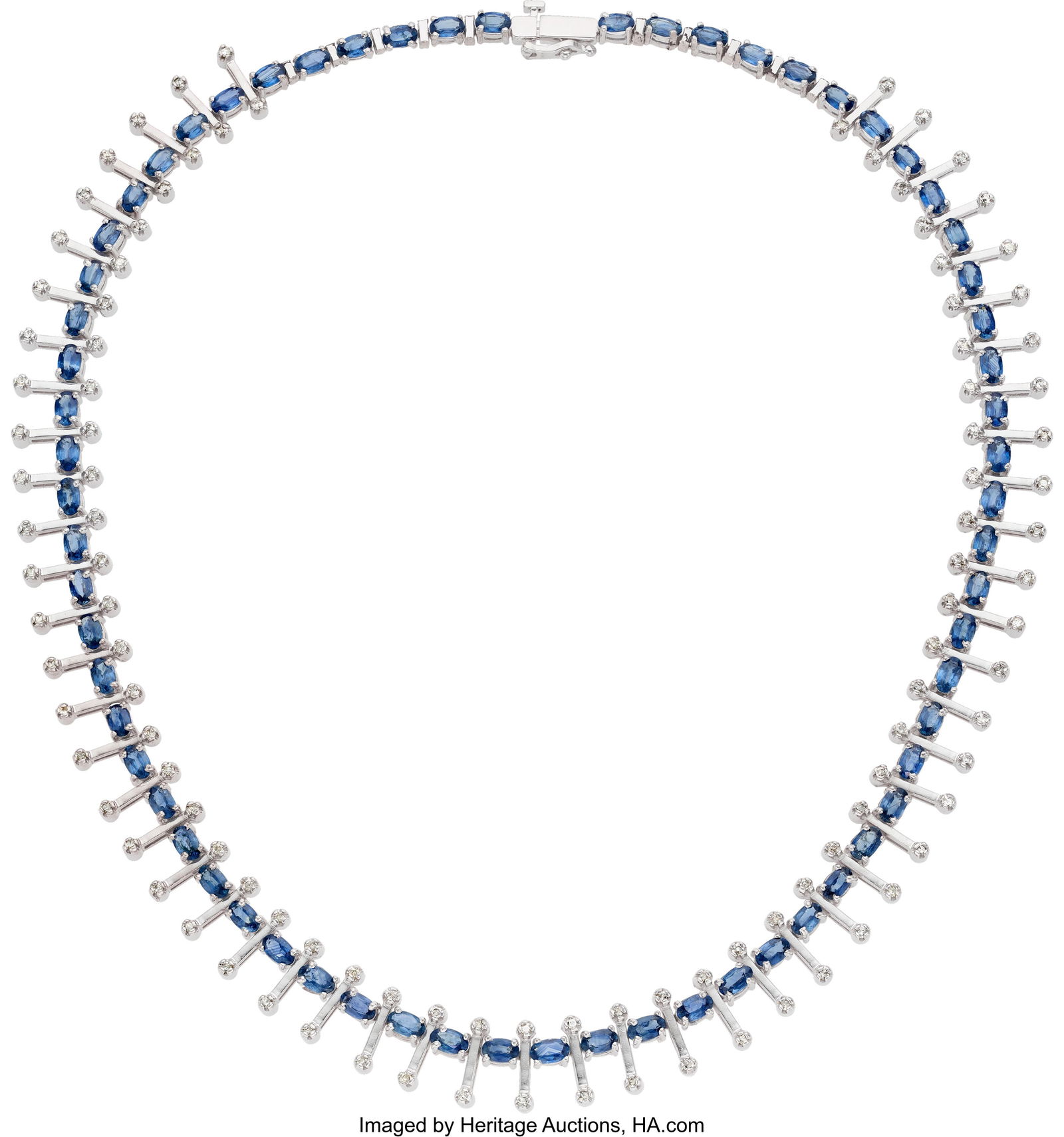Sapphire, Diamond, White Gold Necklace Stones: Sapphire, Diamond, White Gold Necklace Stones: Oval-shaped sapphires weighing a total of approximately 18.00 carats; full-cut diamonds weighing a total of approximately 0