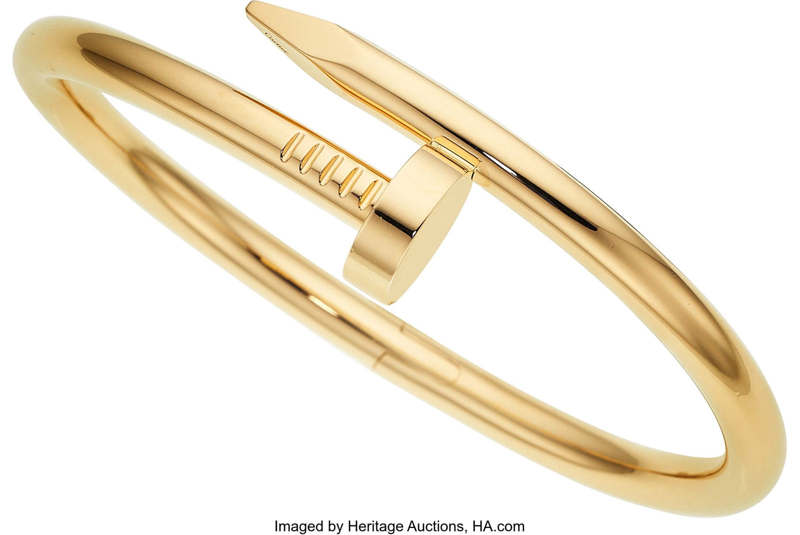 Cartier Gold Bracelet Metal: 18k gold Marked: Cartier Gold Bracelet Metal: 18k gold Marked: Cartier Collection: Juste un Clou Weight: 50.10 grams Dimensions: 7 inches x 11/16 inch HID03101062020 © 202
