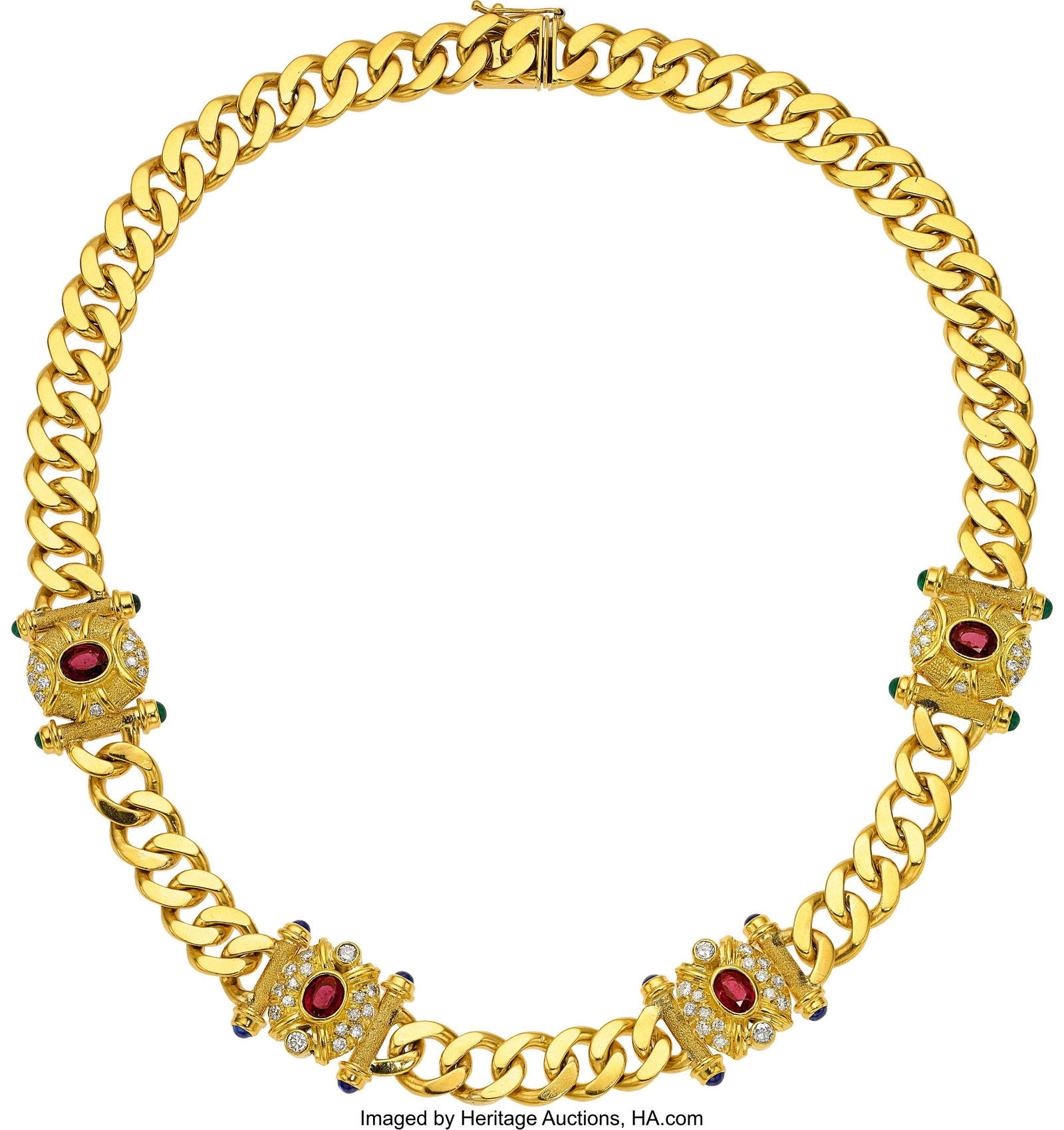 Multi-Stone, Diamond, Gold Necklace Stones: Ova: Multi-Stone, Diamond, Gold Necklace Stones: Oval-shaped rubies weighing a total of approximately 1.75 carats; full-cut diamonds weighing a total of approximately 1&period