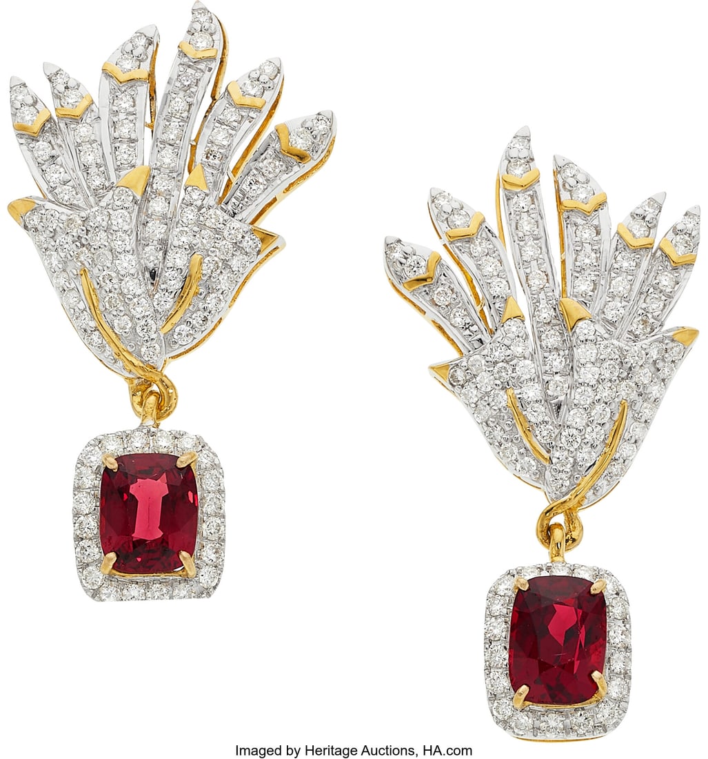 Burma Spinel, Diamond, Gold Earrings Stones: Cu: Burma Spinel, Diamond, Gold Earrings Stones: Cushion-shaped spinel weighing 4.03 carats; full-cut diamonds weighing a total of approximately 1.50 carats Metal&colo
