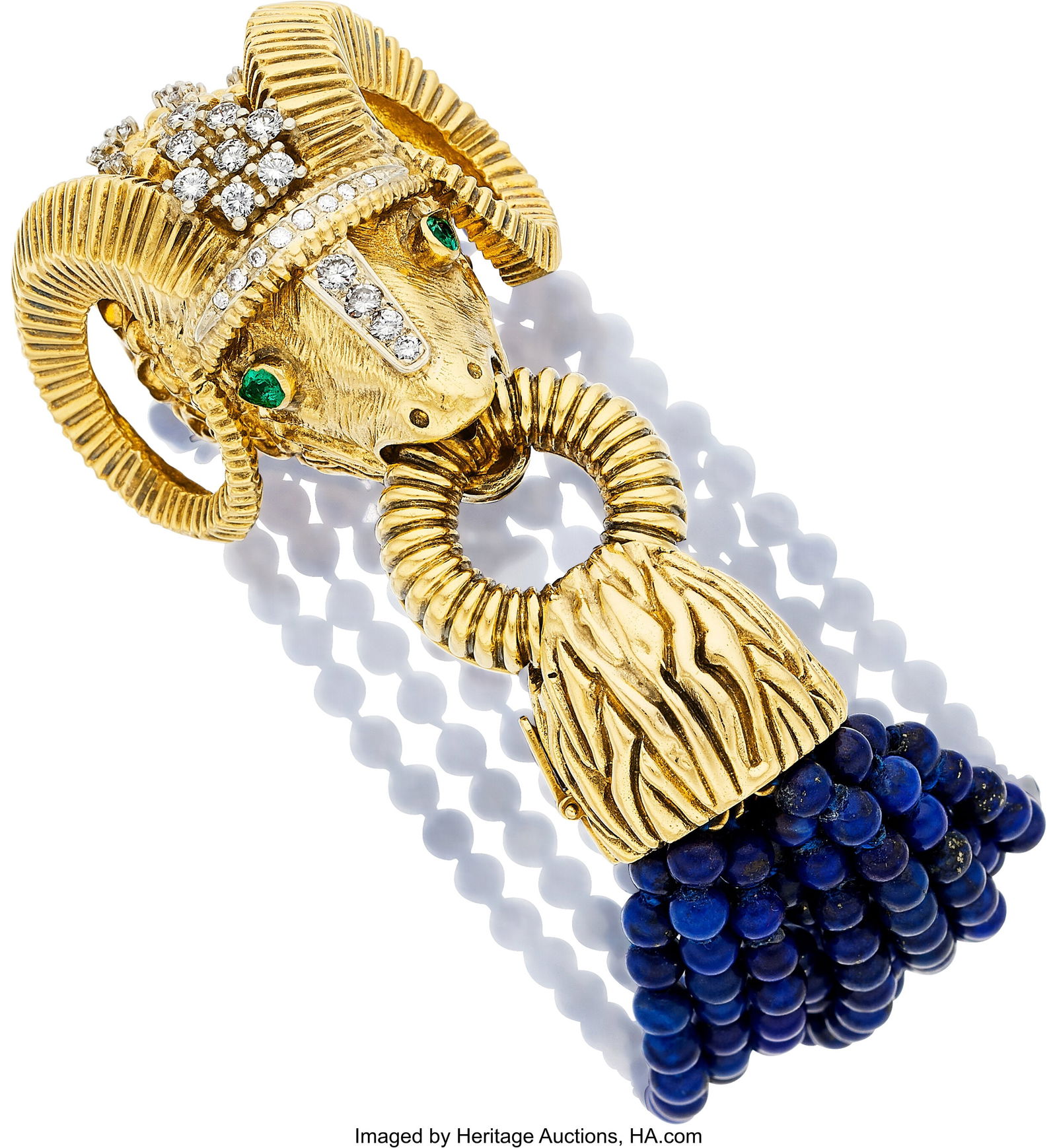 Diamond, Lapis Lazuli, Emerald, Gold Bracelet S: Diamond, Lapis Lazuli, Emerald, Gold Bracelet Stones: Full and single-cut diamonds weighing a total of approximately 1.40 carats; lapis lazuli beads; pear-shap