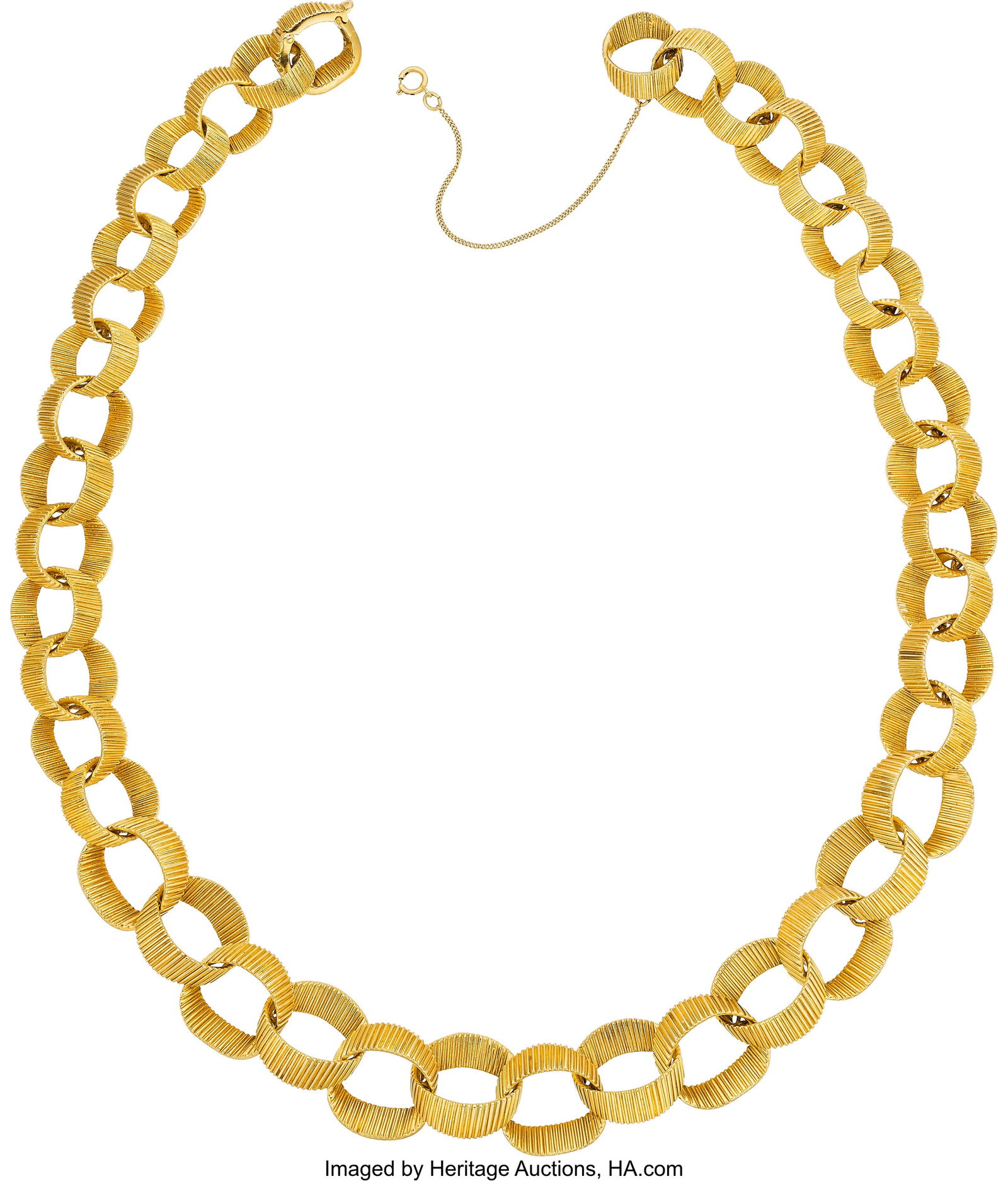 Chaumet Gold Necklace, French Metal: 18k gold M: Chaumet Gold Necklace, French Metal: 18k gold Marked: Chaumet; French hallmarks Weight: 64.20 grams Dimensions: 15 inches x 7/16 inch HID03101062020 ©