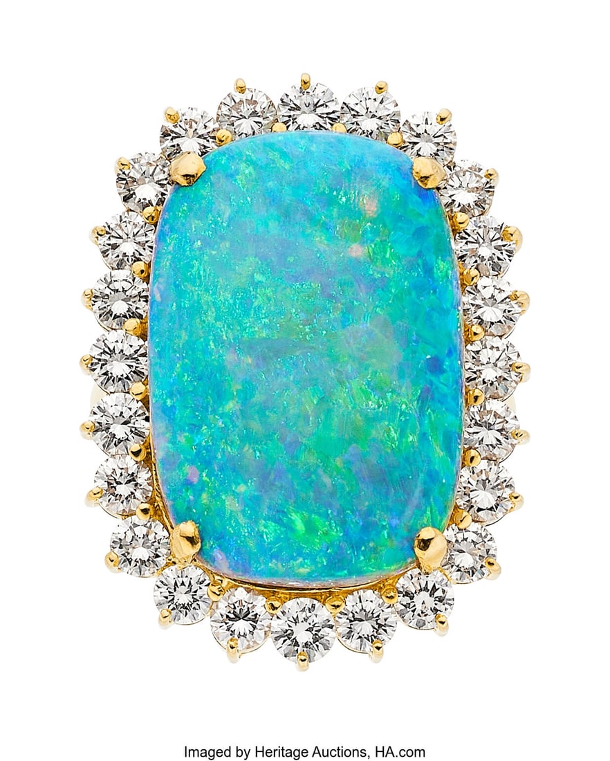 Opal, Diamond, Gold Ring Stones: Opal cabochon;: Opal, Diamond, Gold Ring Stones: Opal cabochon; full-cut diamonds weighing a total of approximately 2.40 carats Metal: 18k gold Gross Weight: 14.50 gra
