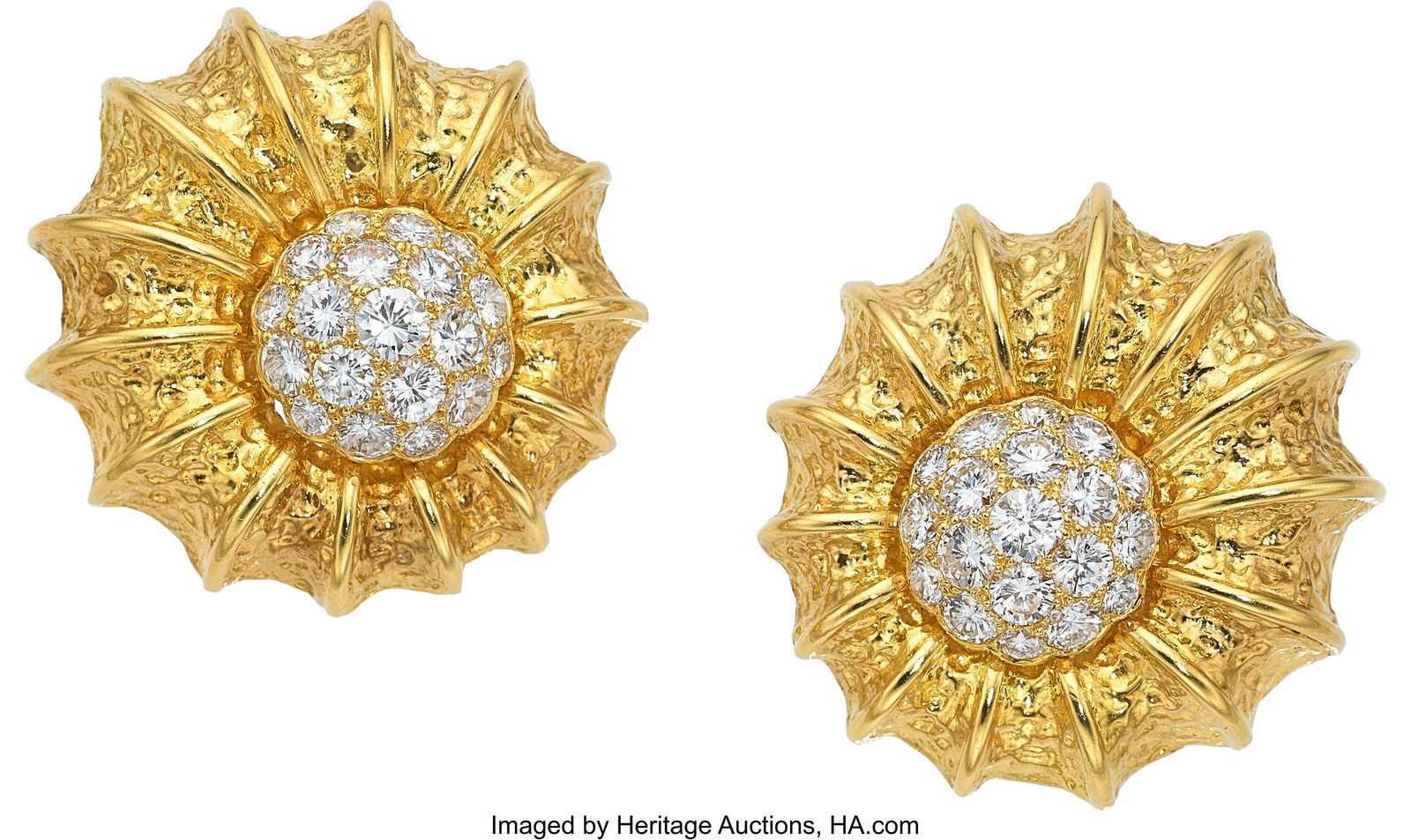 Van Cleef & Arpels Diamond, Gold Earrings Stone: Van Cleef & Arpels Diamond, Gold Earrings Stones: Full-cut diamonds weighing a total of approximately 4.50 carats Metal: 18k gold Marked: Van Cleef & Arpels Gros