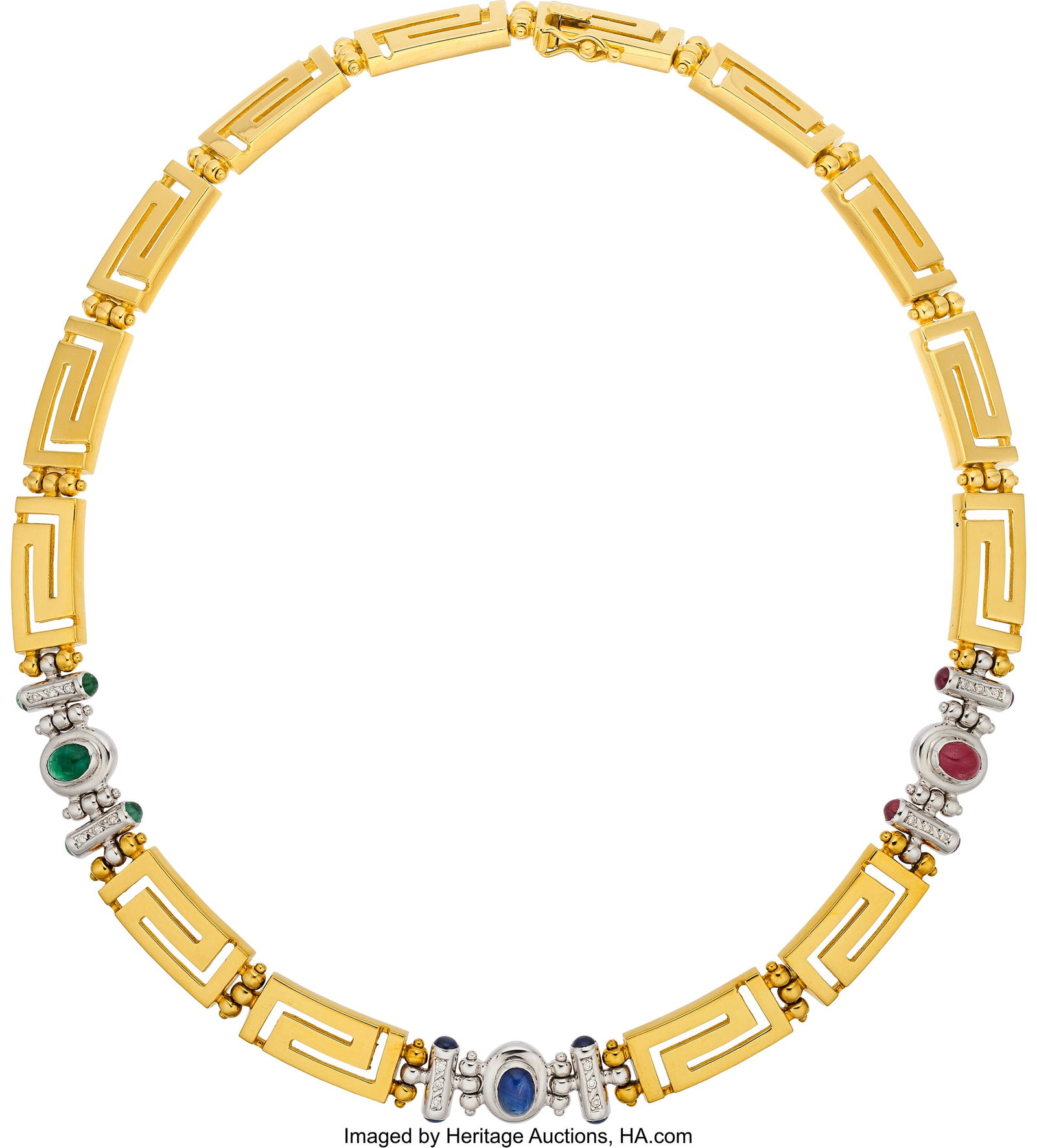 Multi-Stone, Diamond, Gold Necklace Stones: Ru: Multi-Stone, Diamond, Gold Necklace Stones: Ruby, sapphire, and emerald cabochons; full-cut diamonds weighing a total of approximately 0.15 carat Metal: