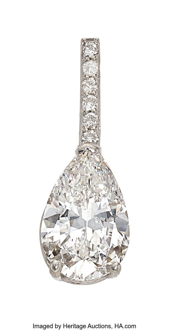 Diamond, White Gold Enhancer-Pendant Stones: Pe: Diamond, White Gold Enhancer-Pendant Stones: Pear-shaped diamond weighing 3.37 carats; full-cut diamonds weighing a total of approximately 0.05 carat Metal: 14k wh