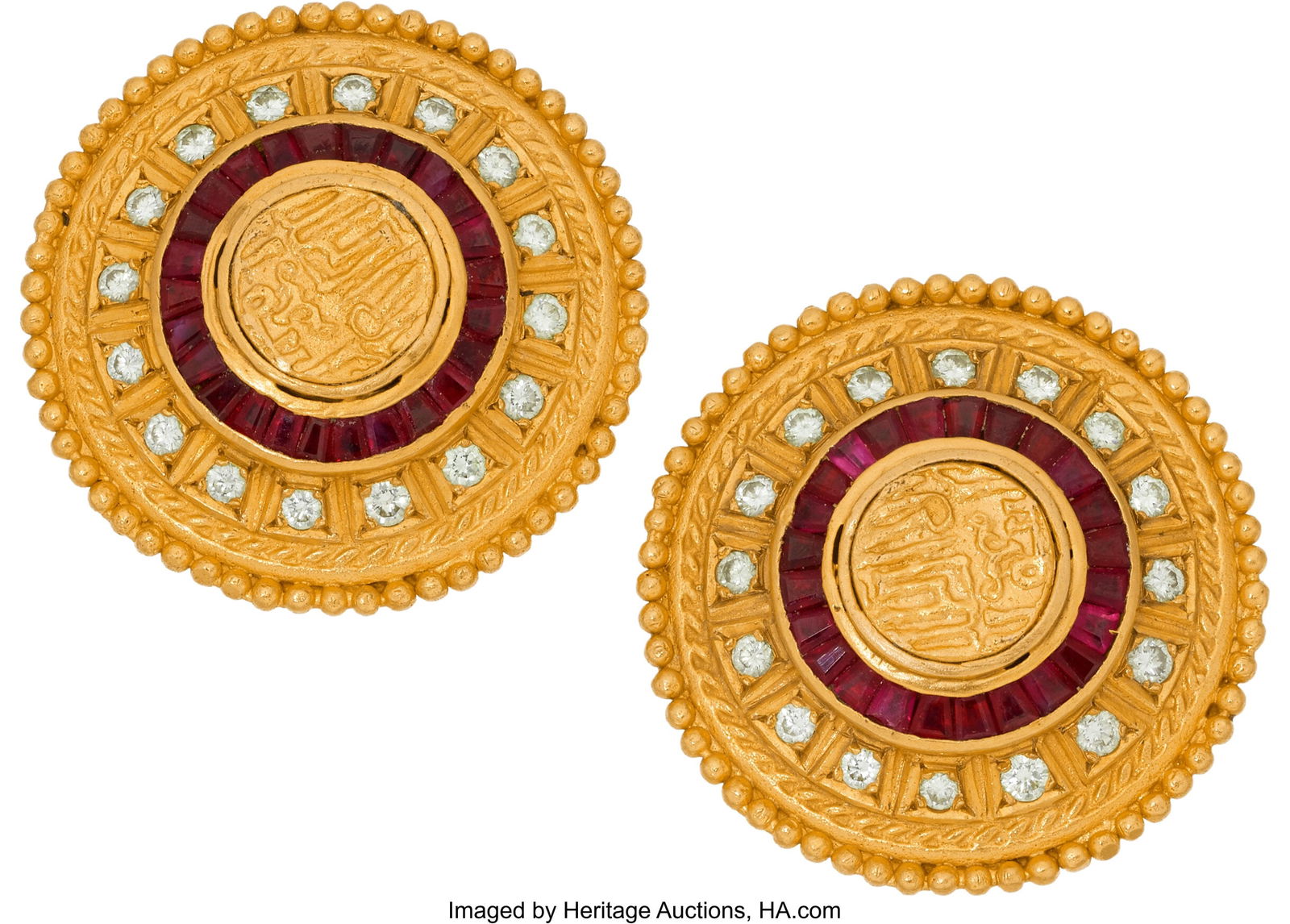 Ruby, Diamond, Gold Earrings Stones: Baguette-s: Ruby, Diamond, Gold Earrings Stones: Baguette-shaped rubies weighing a total of approximately 2.50 carats; full-cut diamonds weighing a total of approximately 0.85