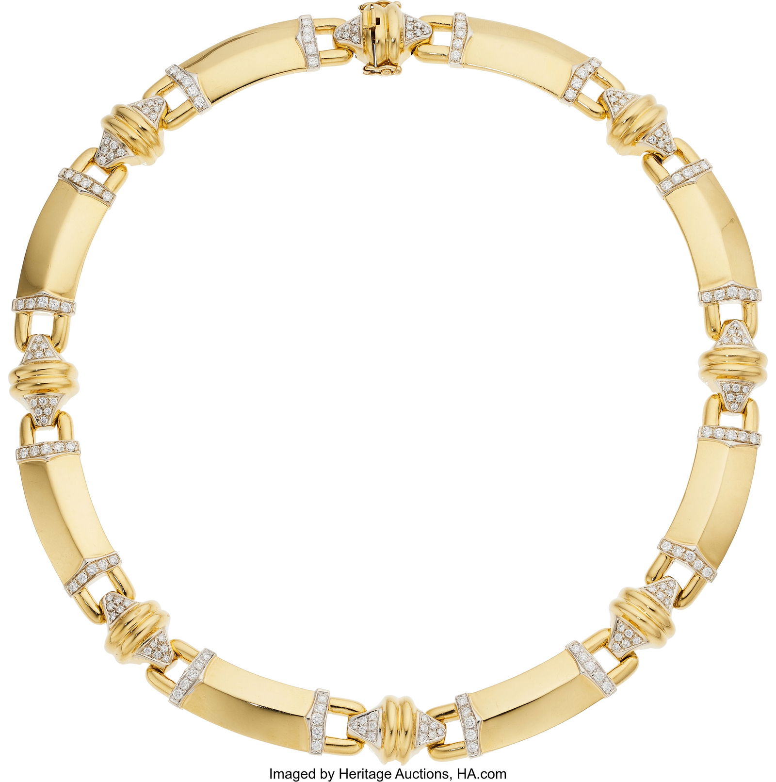 Diamond, Gold Necklace Stones: Full-cut diamond: Diamond, Gold Necklace Stones: Full-cut diamonds weighing a total of approximately 3.75 carats Metal: 18k gold Gross Weight: 79.70 grams Dimensions: 16 inch