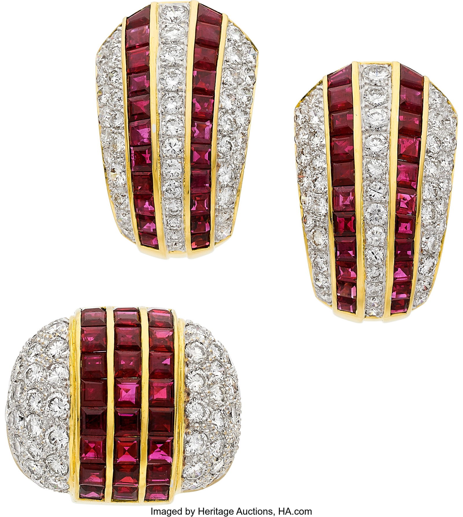 Ruby, Diamond, Gold Jewelry Suite Stones: Squar: Ruby, Diamond, Gold Jewelry Suite Stones: Square and calibré-cut rubies weighing a total of approximately 7.50 carats; full-cut diamonds weighing a total of approx