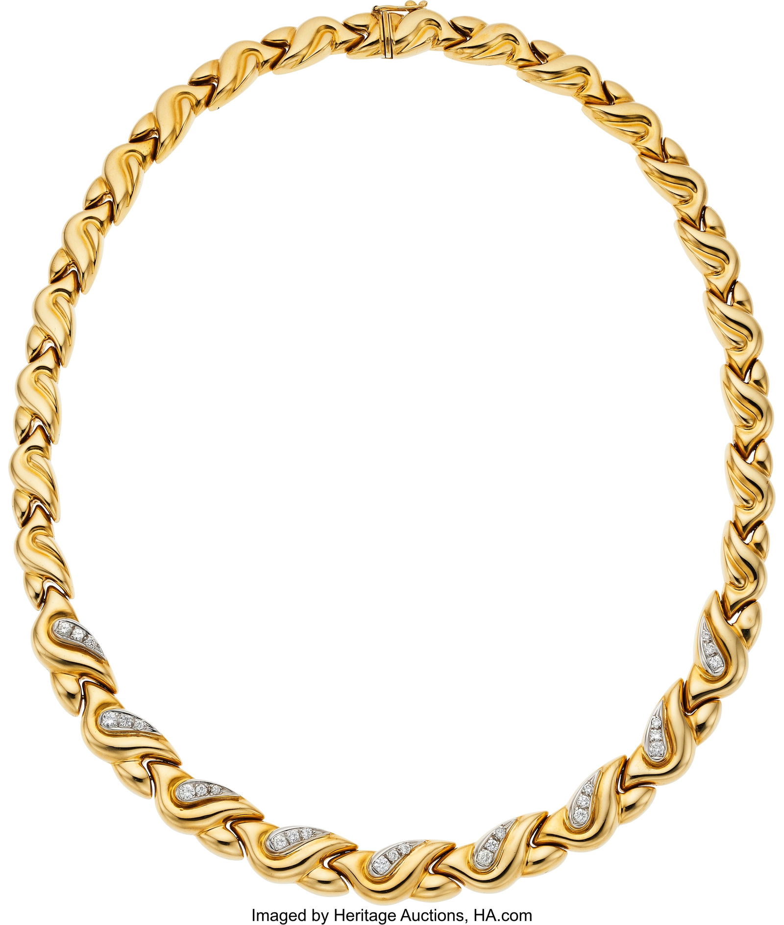 Diamond, Gold Necklace Stones: Full-cut diamond: Diamond, Gold Necklace Stones: Full-cut diamonds weighing a total of approximately 1.10 carats Metal: 18k gold Gross Weight: 55.40 grams Dimensions: 17 inch
