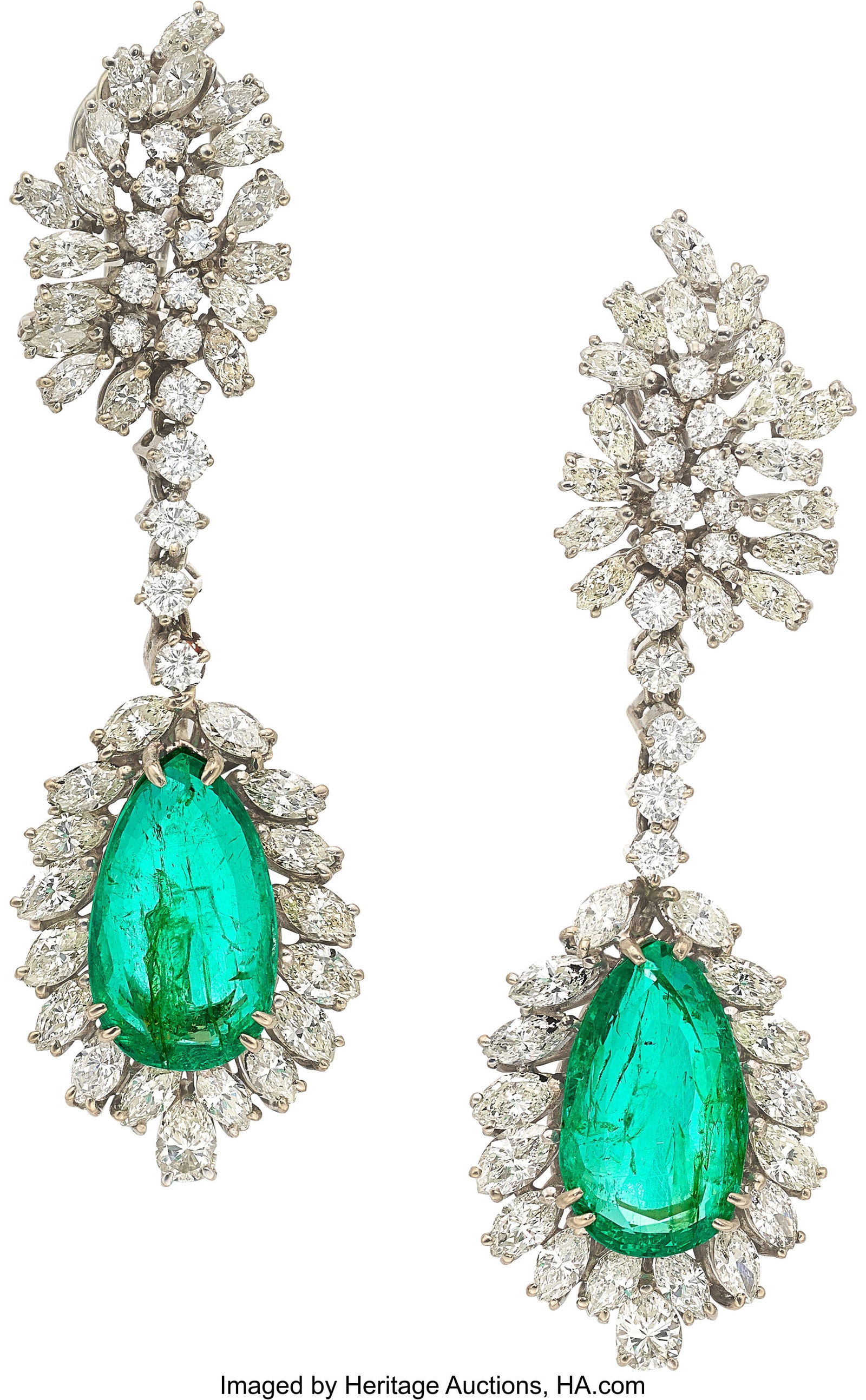 Colombian Emerald, Diamond, White Gold Earrings: Colombian Emerald, Diamond, White Gold Earrings Stones: Pear-shaped emeralds weighing a total of 17.20 carats; marquise-shaped diamonds weighing a total of approximately