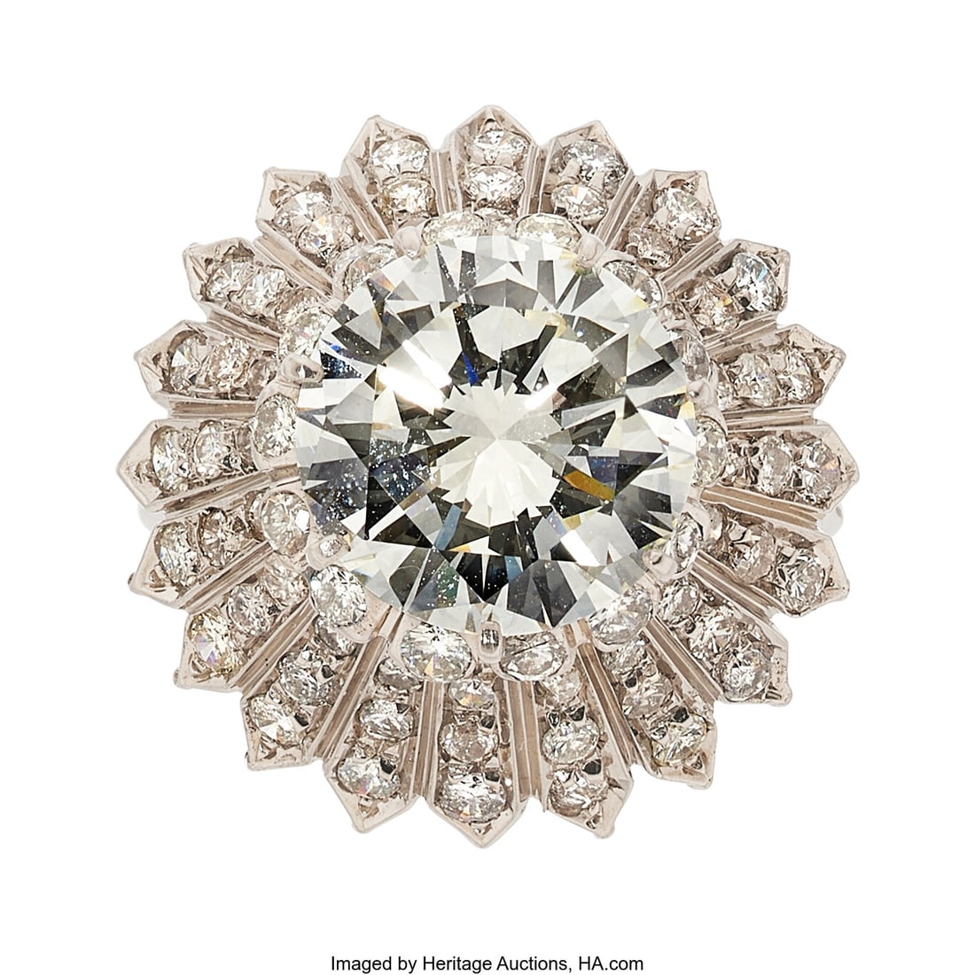 Diamond, White Gold Ring Stones: Round brillian: Diamond, White Gold Ring Stones: Round brilliant-cut diamond weighing 5.67 carats; full-cut diamonds weighing a total of approximately 1.65 carats Metal: 18k white