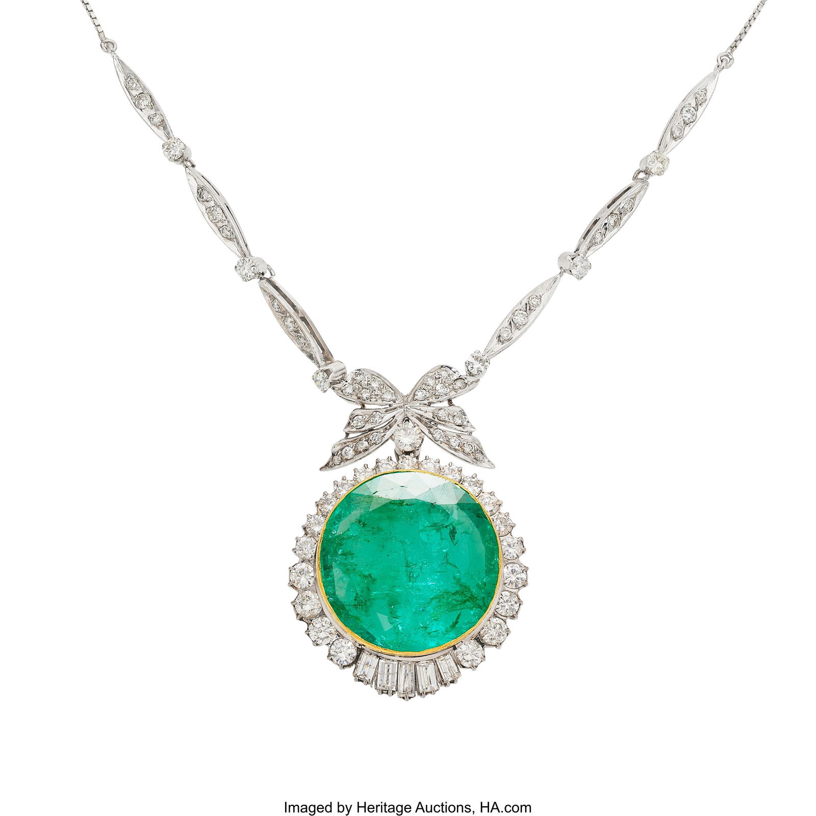 Colombian Emerald, Diamond, Gold, White Metal N: Colombian Emerald, Diamond, Gold, White Metal Necklace Stones: Round-shaped emerald weighing approximately 23.00 carats; full-cut diamonds weighing a total of appro