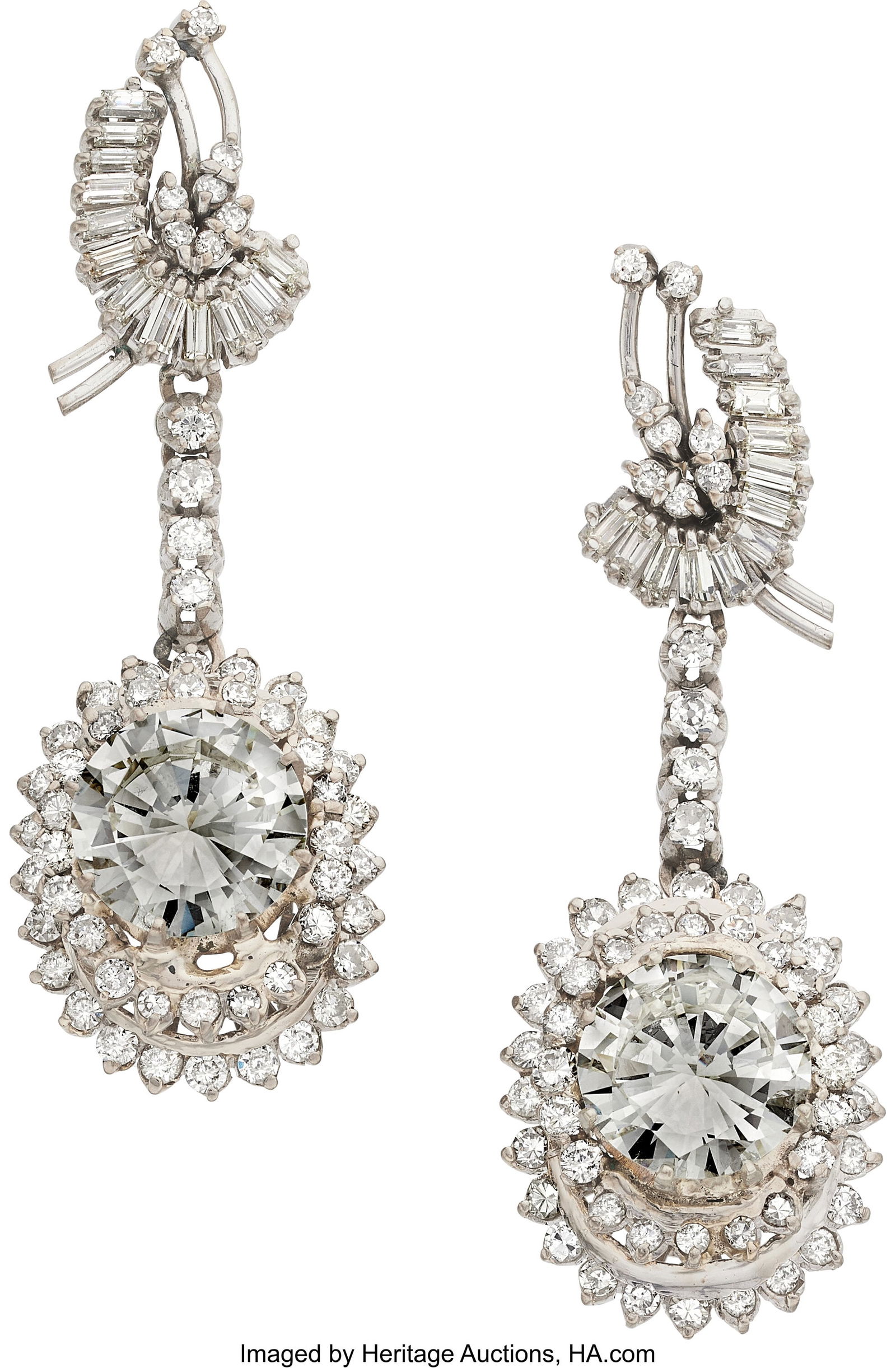 Diamond, White Gold Earrings Stones: Round bril: Diamond, White Gold Earrings Stones: Round brilliant-cut diamonds weighing a total of 8.68 carats; full and single-cut diamonds weighing a total of approximately 2.00 ca