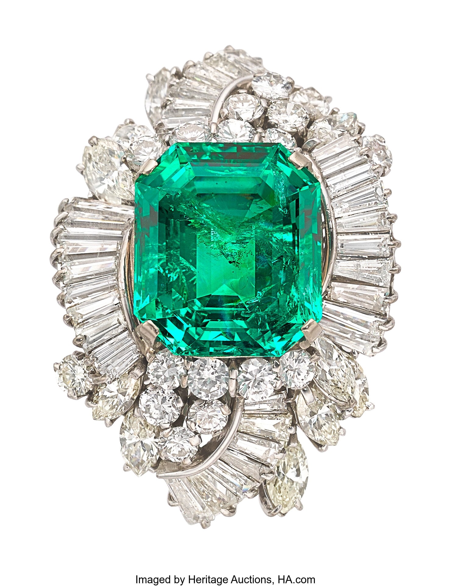 Colombian Emerald, Diamond, White Metal Ring St: Colombian Emerald, Diamond, White Metal Ring Stones: Emerald-cut emerald weighing 17.48 carats; baguette-cut diamonds weighing a total of approximately 6.00 carats