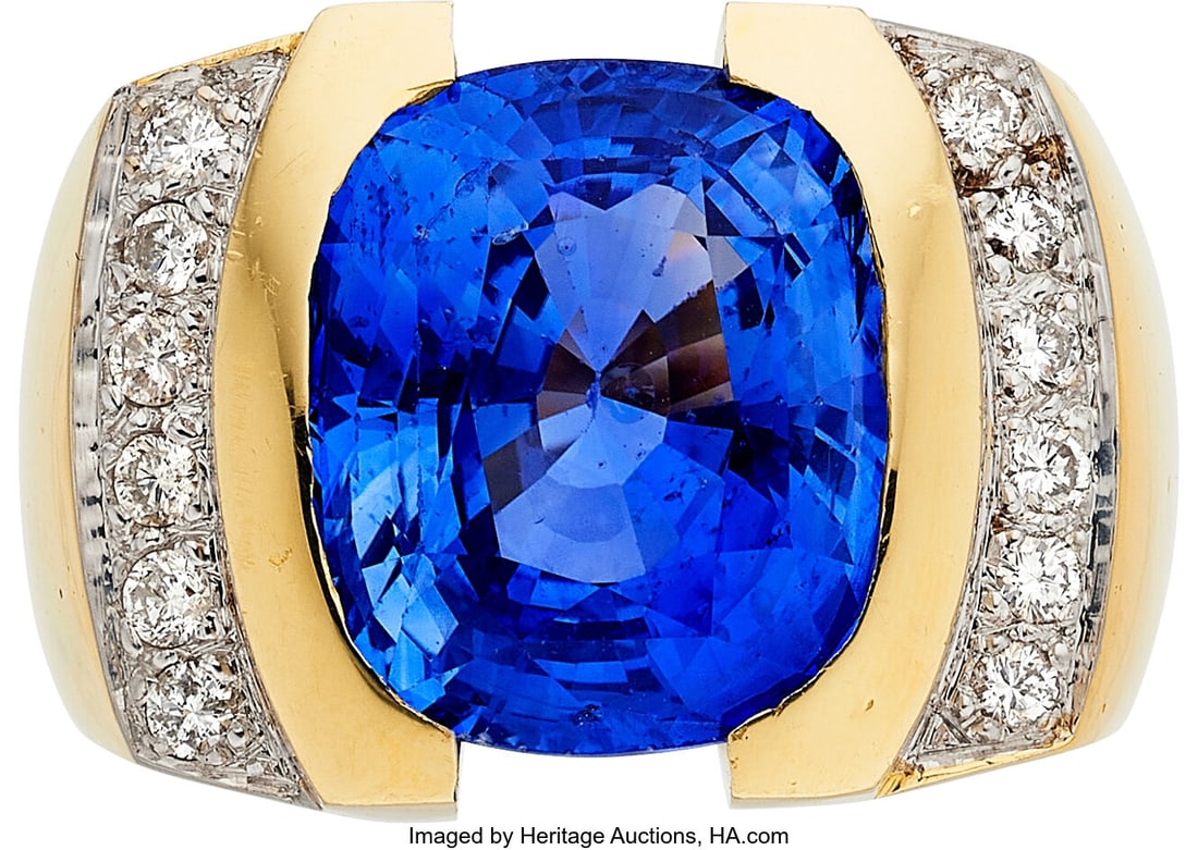 Ceylon Sapphire, Diamond, Gold Ring Stones: Cus: Ceylon Sapphire, Diamond, Gold Ring Stones: Cushion-shaped sapphire weighing 15.15 carats; full-cut diamonds weighing a total of approximately 0.35 carat Metal&col