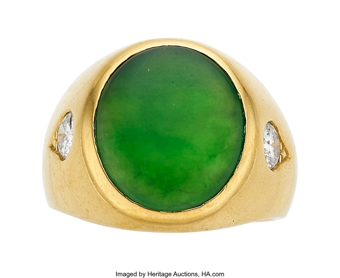 Burma Jadeite Jade, Diamond, Gold Ring Stones: Burma Jadeite Jade, Diamond, Gold Ring Stones: Jadeite jade cabochon; full-cut diamonds weighing a total of approximately 0.50 carat Metal: 18k gold Gross Weight&co