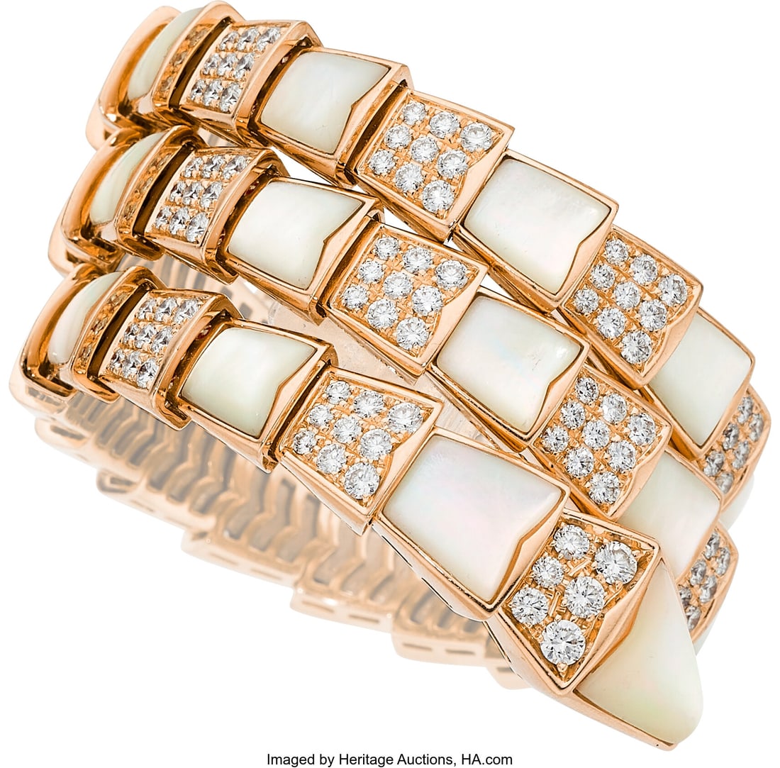 Bvlgari Diamond, Mother-of-Pearl, Rose Gold Bra: Bvlgari Diamond, Mother-of-Pearl, Rose Gold Bracelet Stones: Full-cut diamonds weighing a total of approximately 7.00 carats; carved mother-of-pearl Metal: 18k rose