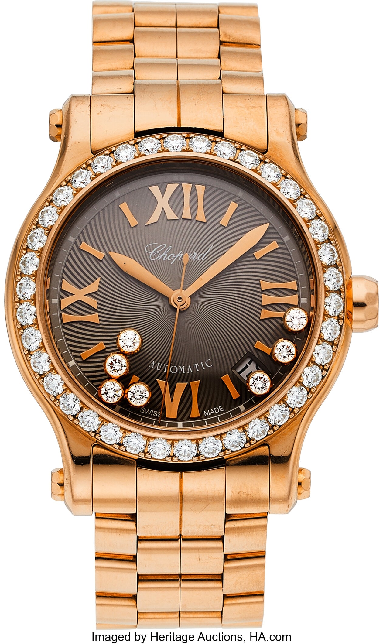 Chopard Diamond, Sapphire, Rose Gold Happy Spor: Chopard Diamond, Sapphire, Rose Gold Happy Sport Watch Case: 36 mm, round, 18k rose gold, exhibition back secured by 6 screws, sapphire crown, diamond-s