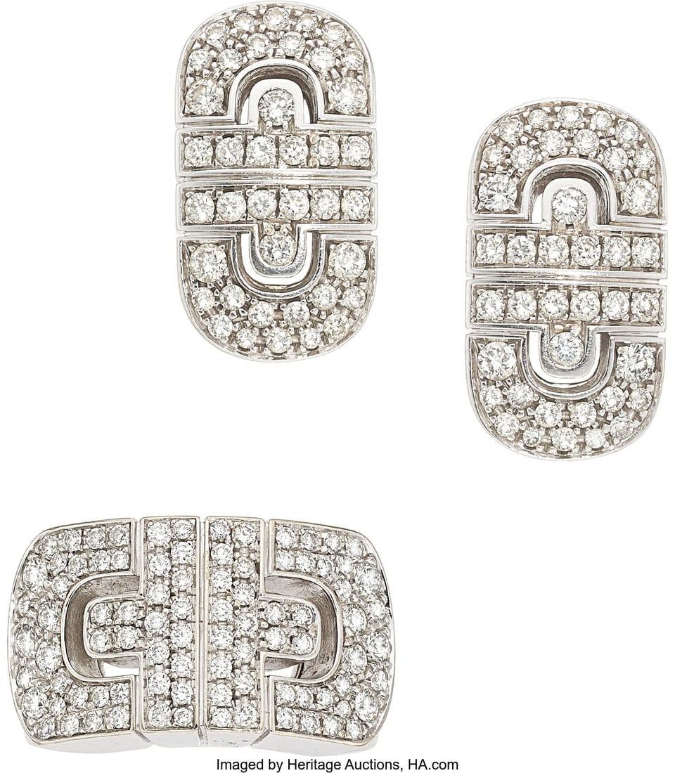 Bvlgari Diamond, White Gold Jewelry Suite Stone: Bvlgari Diamond, White Gold Jewelry Suite Stones: Full-cut diamonds weighing a total of approximately 1.75 carats Metal: 18k white gold Marked: Bvlgari Collection: