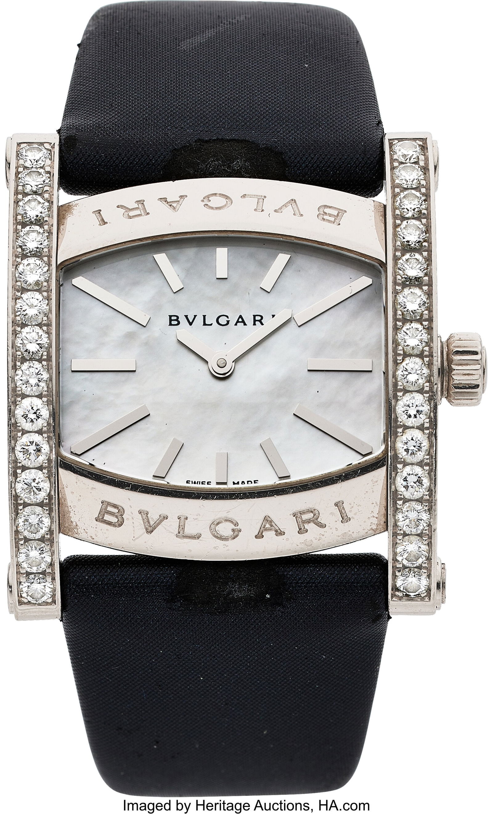 Bvlgari Diamond, Mother-Of-Pearl, White Gold As: Bvlgari Diamond, Mother-Of-Pearl, White Gold Assioma Watch Case: 35 x 30 mm, rectangle, 18k white gold, back secured by 6 screws, diamond-set bezel, syn