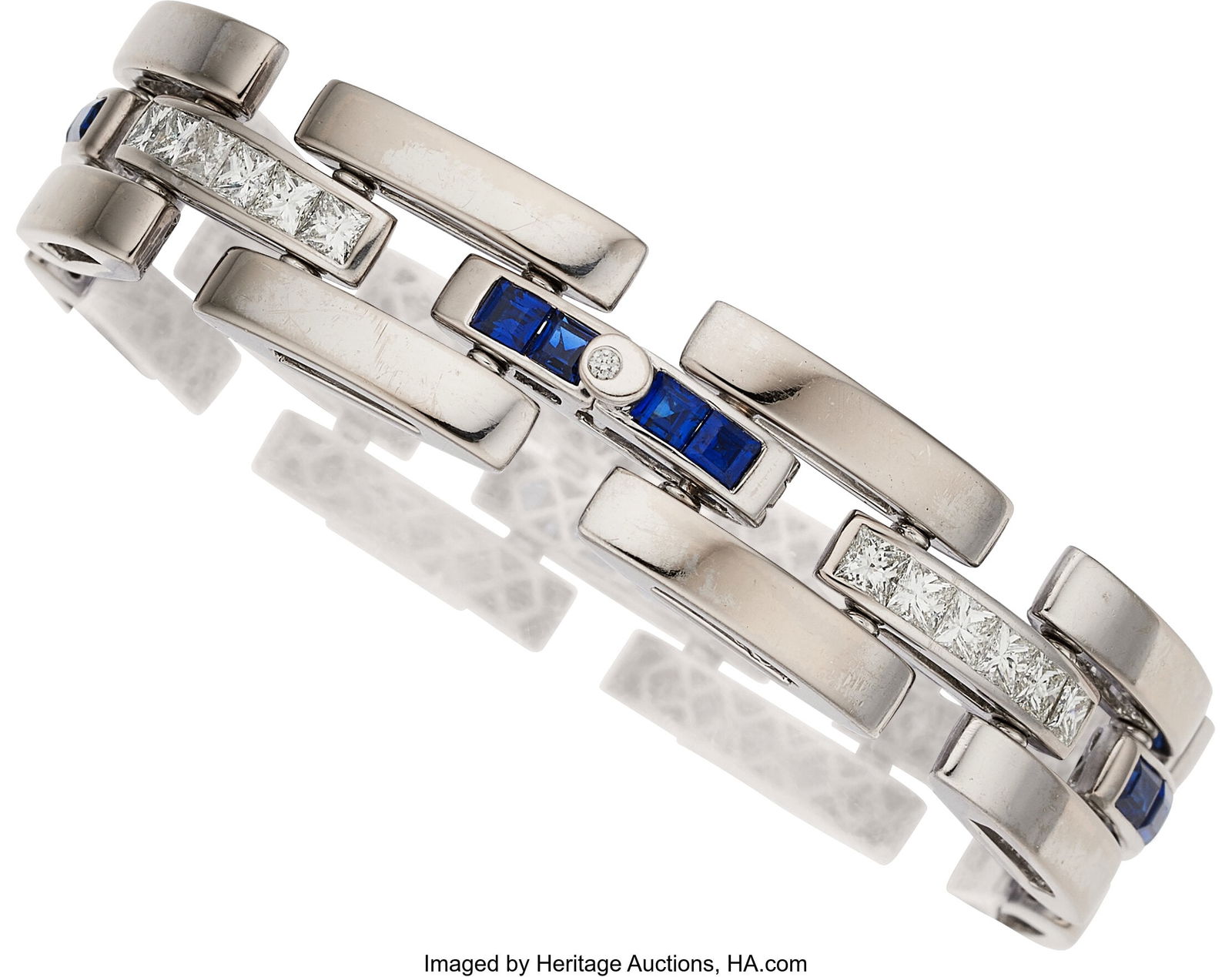 H. Stern Diamond, Sapphire, White Gold Bracelet: H. Stern Diamond, Sapphire, White Gold Bracelet Stones: Square-shaped diamonds weighing a total of approximately 4.00 carats; square-shaped and baguette-cut sapphi