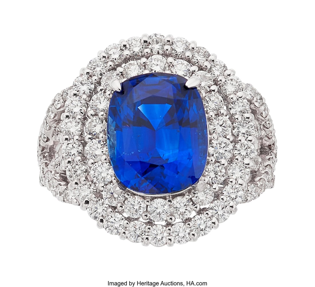 Sapphire, Diamond, Platinum Ring Stones: Cushio: Sapphire, Diamond, Platinum Ring Stones: Cushion-shaped sapphire weighing 6.33 carats; full-cut diamonds weighing a total of 2.01 carats Metal: Platinum Gros