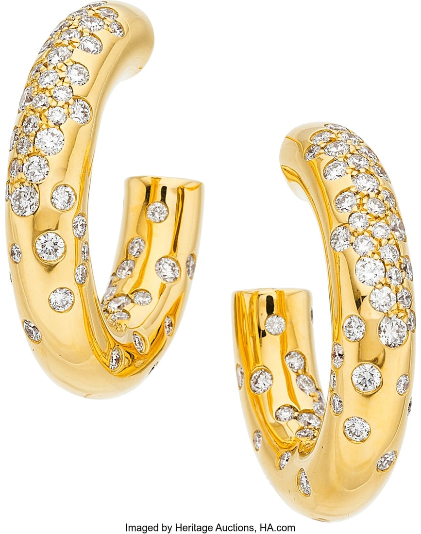 Diamond, Gold Earrings Stones: Full-cut diamond: Diamond, Gold Earrings Stones: Full-cut diamonds weighing a total of 2.19 carats Metal: 18k gold Gross Weight: 12.30 grams Dimensions: 13/16 inch x 3&so